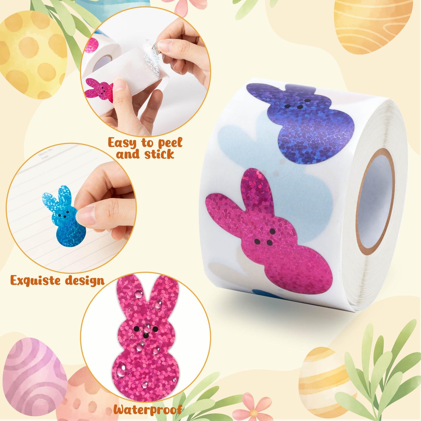 BeYumi Easter Laser Bunny Stickers – 1000 Pcs on 2 Glittery Rolls