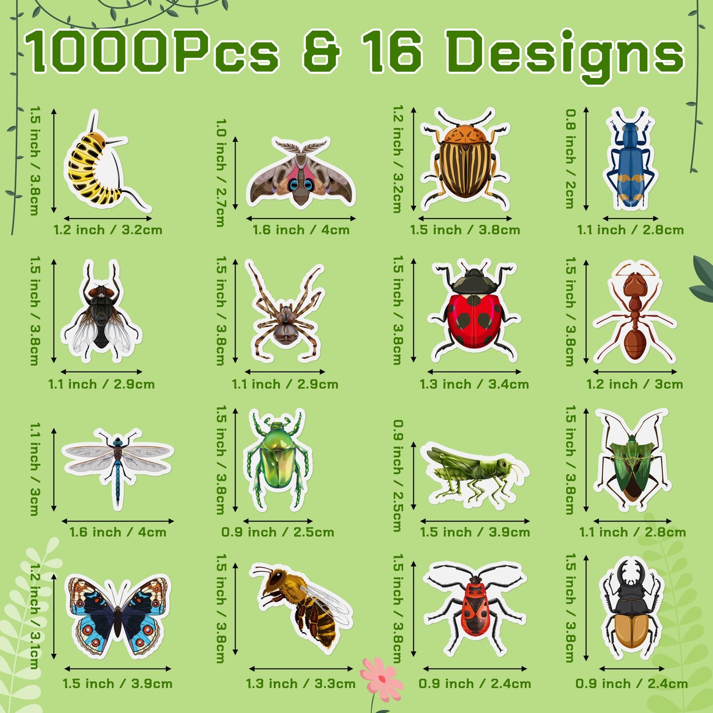 BeYumi Spring Insect Animals Stickers – 1000 Pcs in 2 Rolls for Kids, Party Favors, Classroom Decor