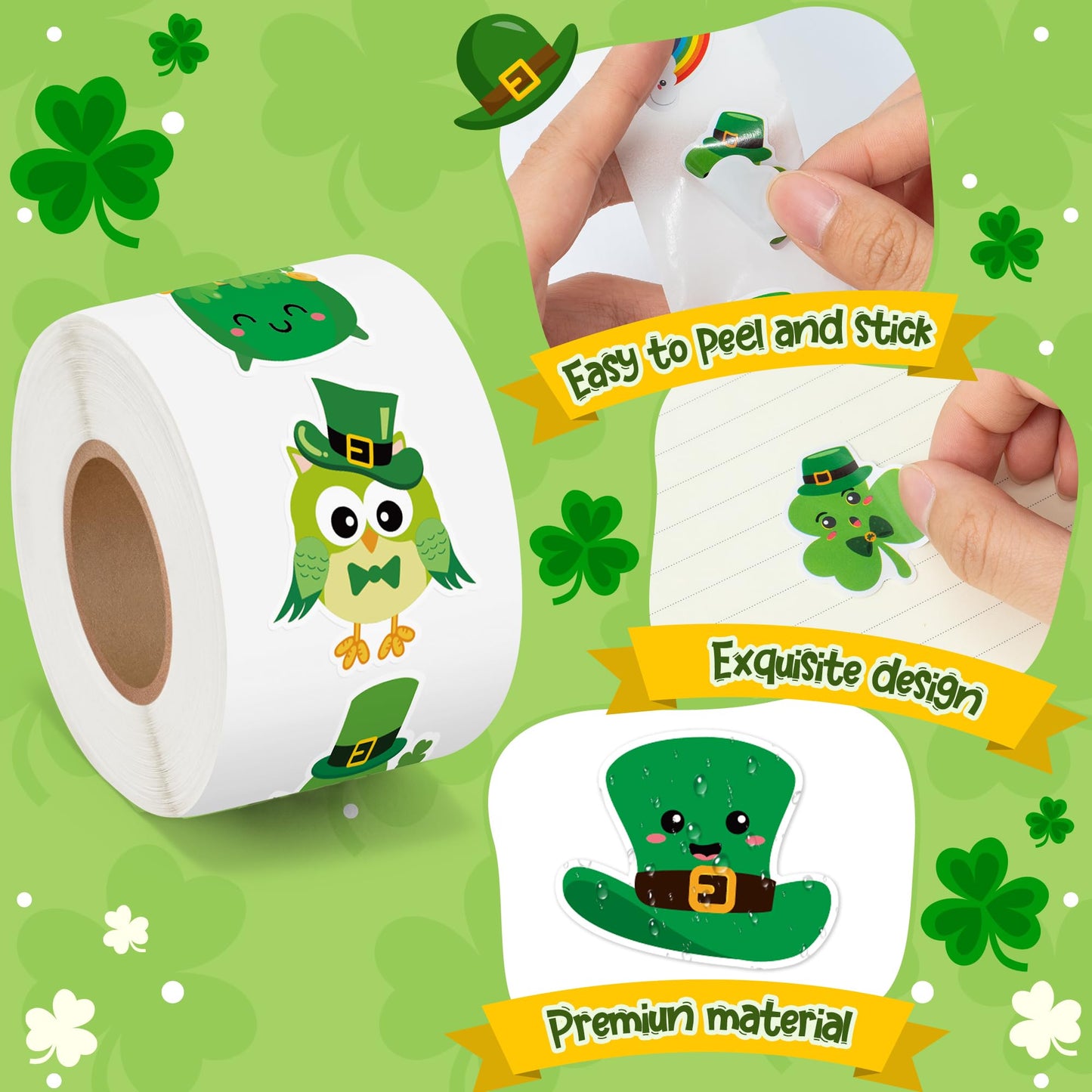 BeYumi Cute Shamrock Sticker Roll – 1000 Pcs St. Patrick's Day Waterproof Vinyl Stickers (2 Rolls)