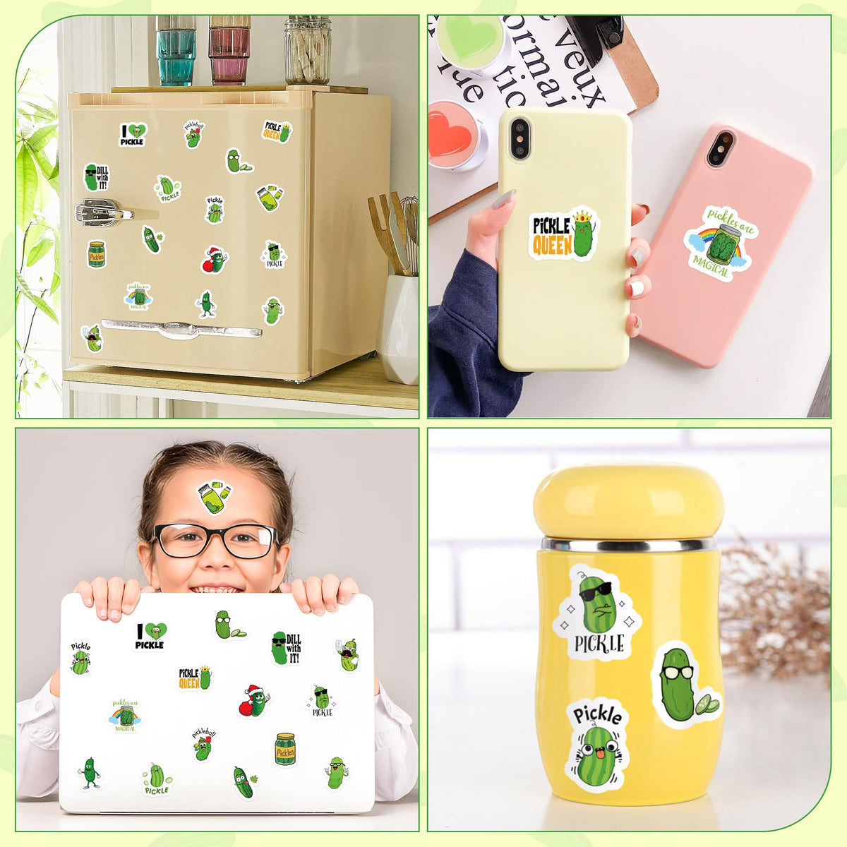 BeYumi 1000-Piece Pickle Cartoon Sticker Set – Waterproof Vinyl for Scrapbooking, Bottles, and More