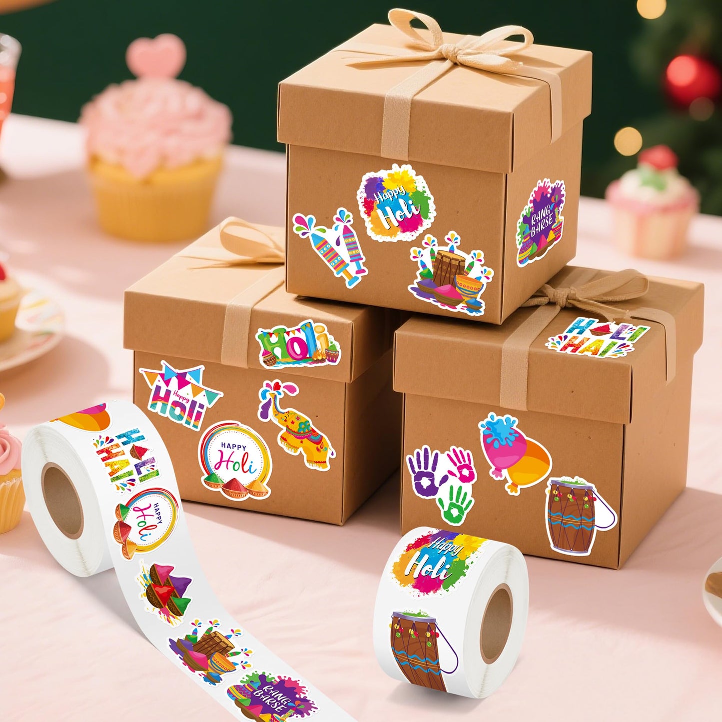 BeYumi Happy Holi Sticker Roll – 1000 Pcs, Waterproof Vinyl, Two Rolls