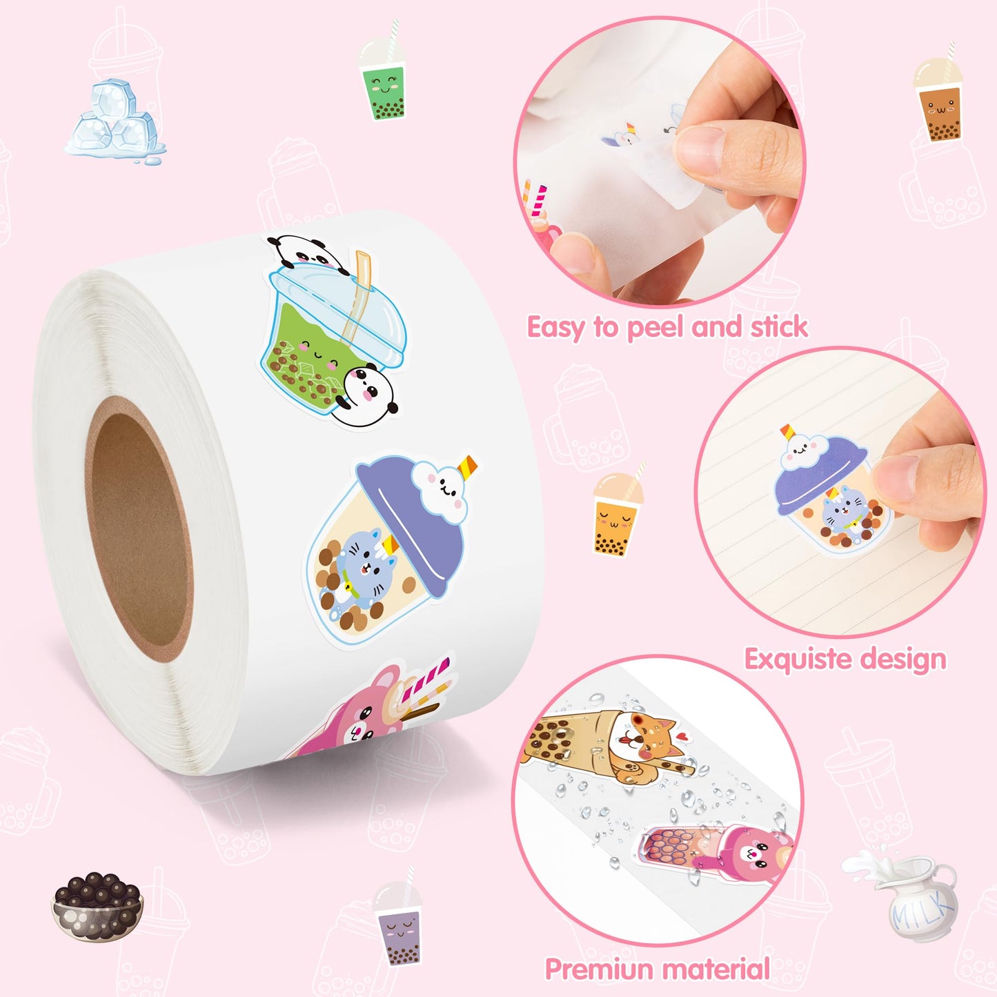 BeYumi Bubble Tea Sticker Roll – 1000 Pcs in 2 Rolls, Waterproof Vinyl, Cute Kawaii Decals