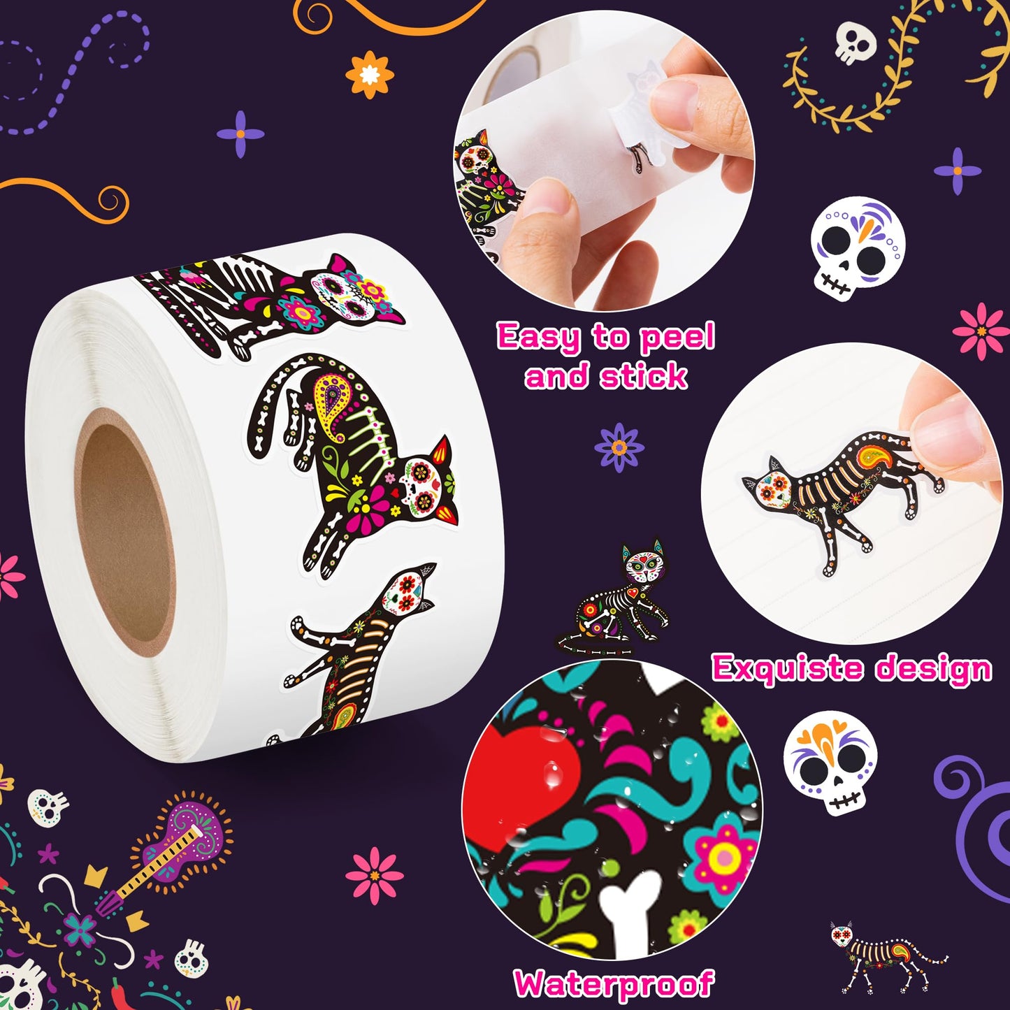 BeYumi Skeleton Cat Roll Stickers – 1000 Pcs, 2 Rolls for Dia de Los Muertos & Halloween