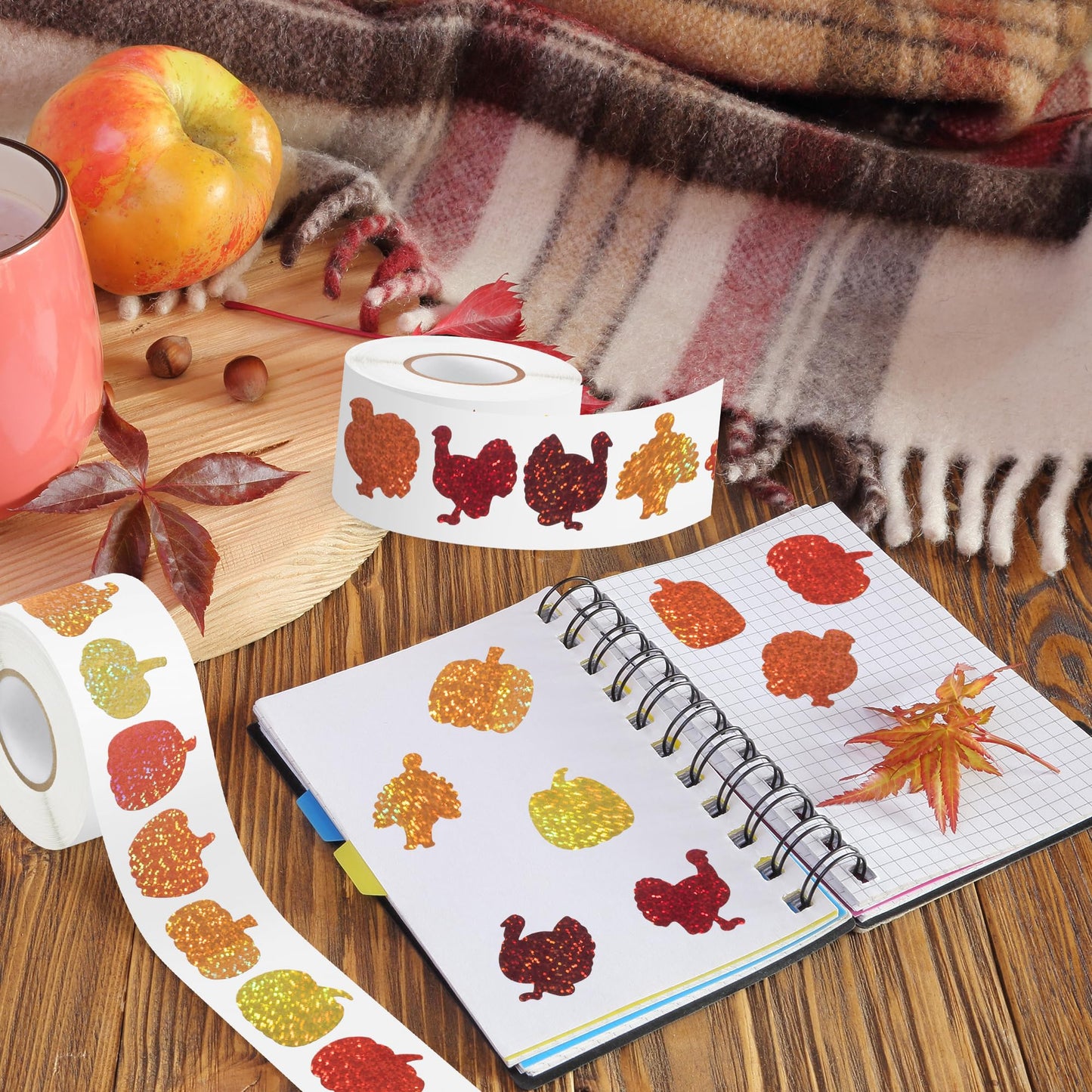 BeYumi Thanksgiving Pumpkin Turkey Stickers – 1000 Pcs, Holographic Glitter, Premium Vinyl
