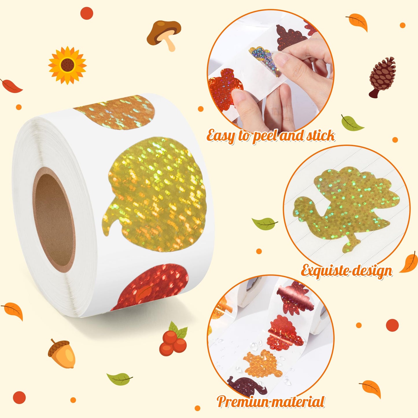 BeYumi Thanksgiving Pumpkin Turkey Stickers – 1000 Pcs, Holographic Glitter, Premium Vinyl