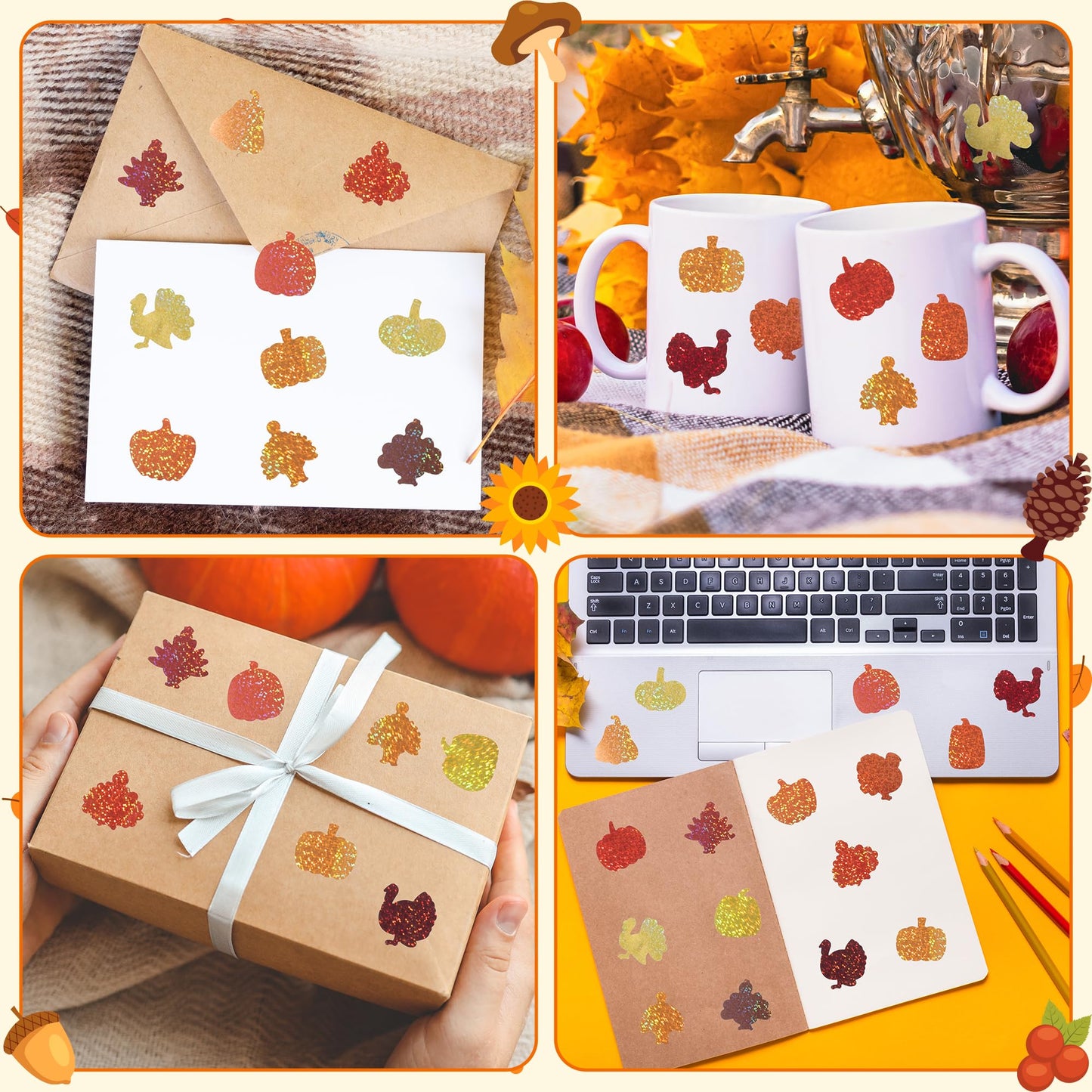 BeYumi Thanksgiving Pumpkin Turkey Stickers – 1000 Pcs, Holographic Glitter, Premium Vinyl