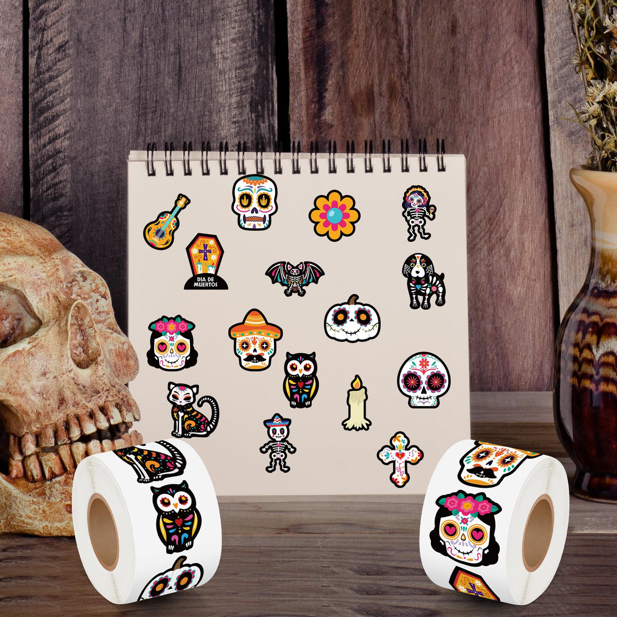 BeYumi Sugar Skull Roll Stickers – 1000 Pcs Dia de Los Muertos, 2 Rolls for Parties & Decor