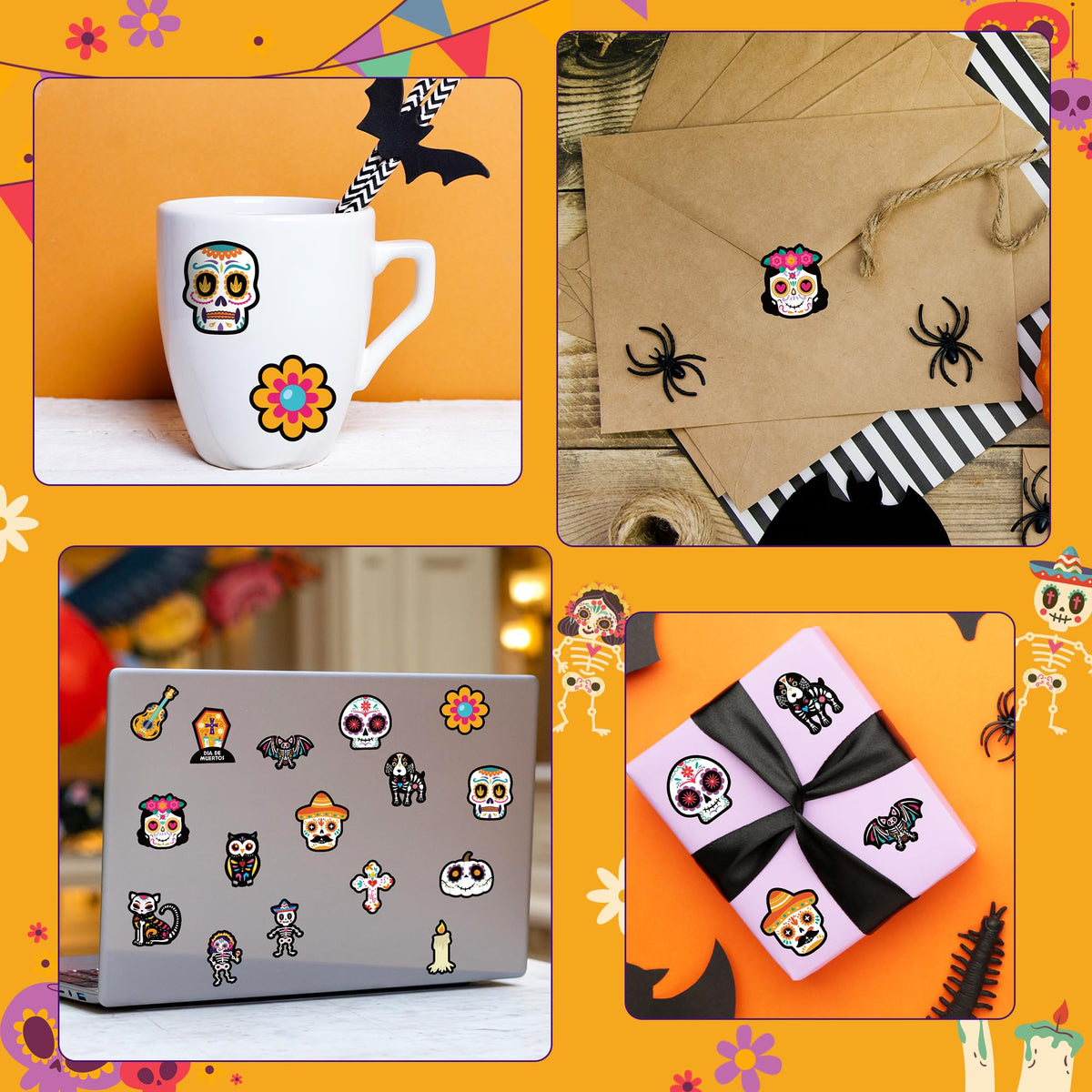 BeYumi Sugar Skull Roll Stickers – 1000 Pcs Dia de Los Muertos, 2 Rolls for Parties & Decor