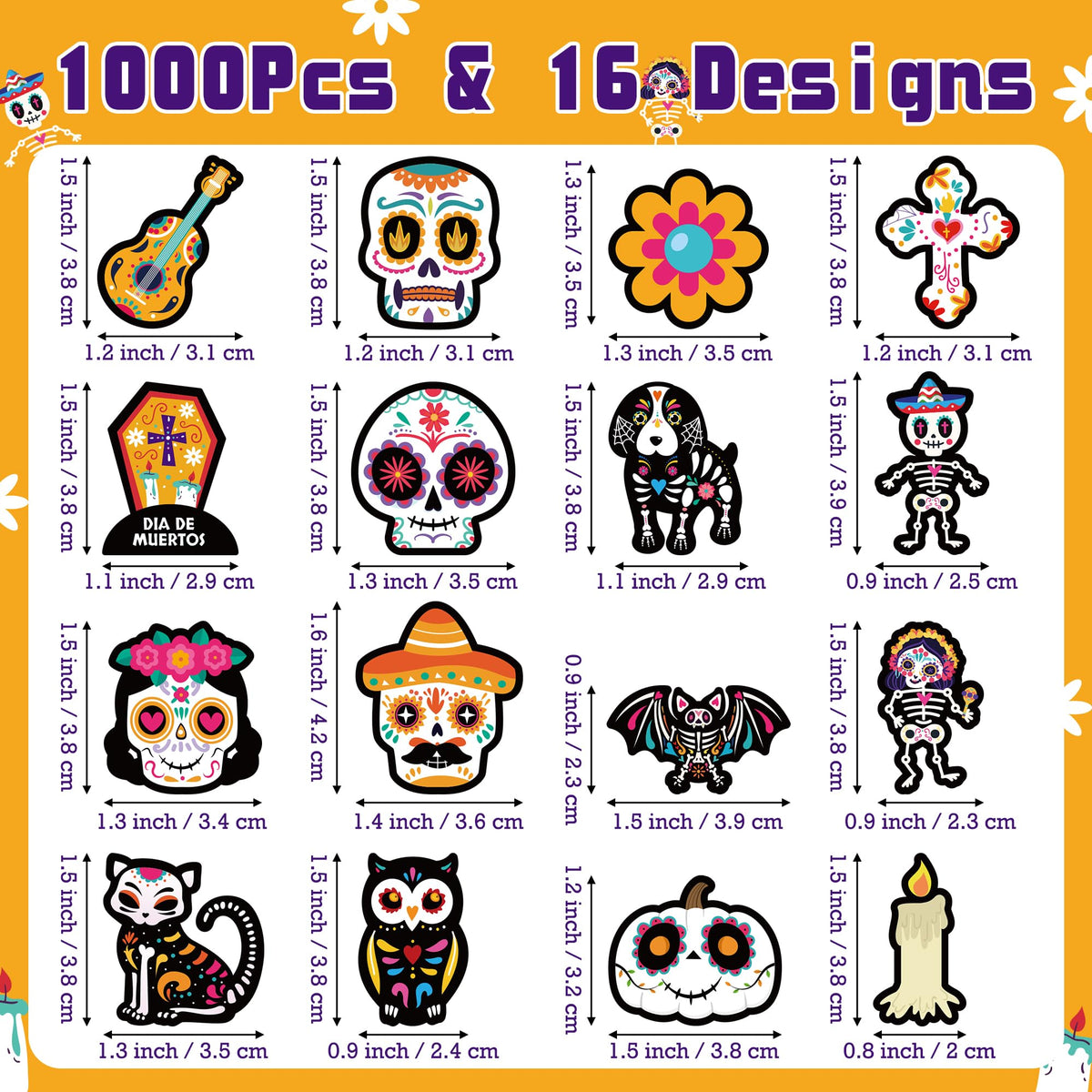 BeYumi Sugar Skull Roll Stickers – 1000 Pcs Dia de Los Muertos, 2 Rolls for Parties & Decor