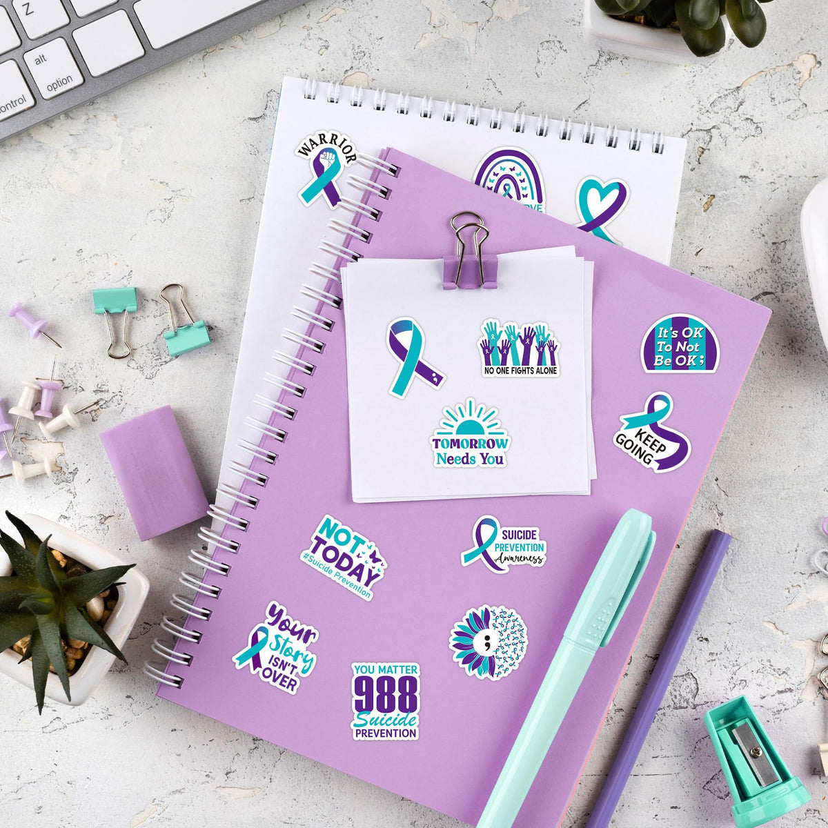 BeYumi Suicide Awareness Roll Stickers – 1,000 Pcs Teal & Purple Ribbon Vinyl Decals