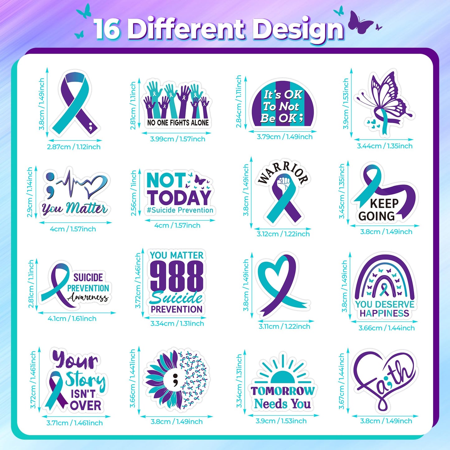 BeYumi Suicide Awareness Roll Stickers – 1,000 Pcs Teal & Purple Ribbon Vinyl Decals