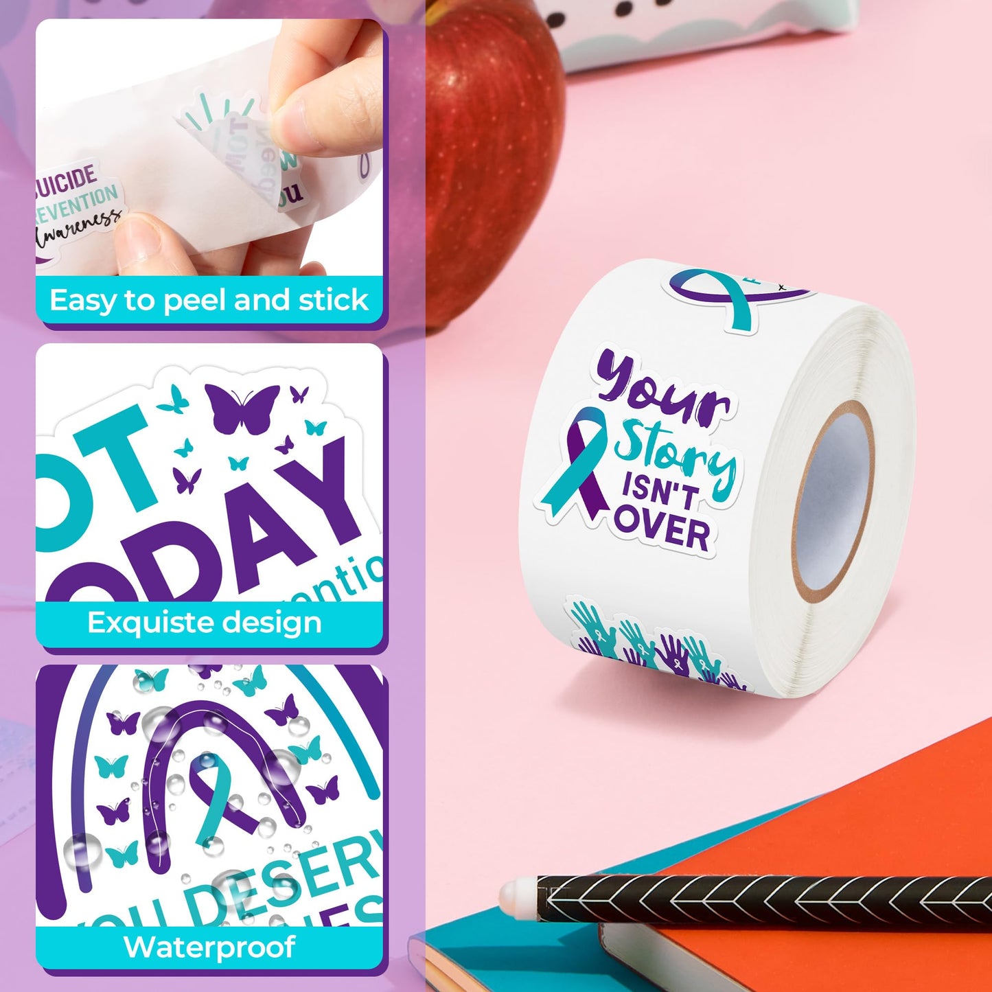 BeYumi Suicide Awareness Roll Stickers – 1,000 Pcs Teal & Purple Ribbon Vinyl Decals