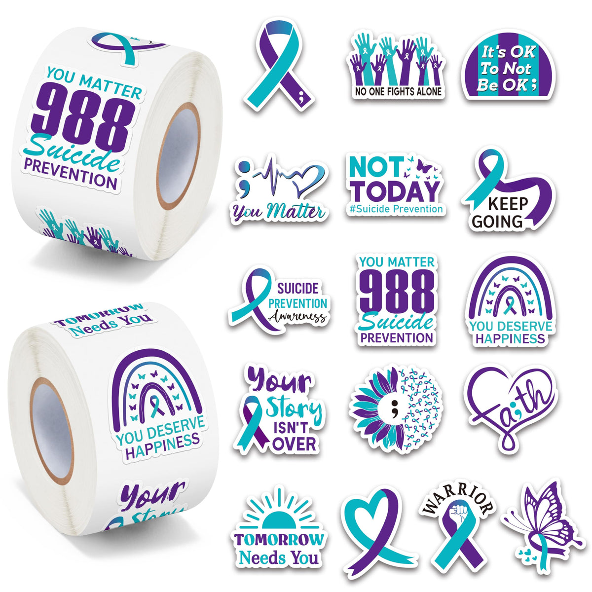 BeYumi Suicide Awareness Roll Stickers – 1,000 Pcs Teal & Purple Ribbon Vinyl Decals