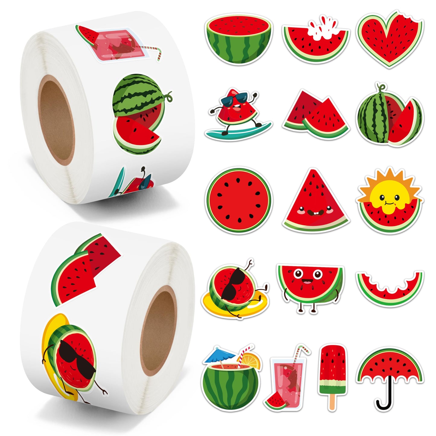 BeYumi Summer Watermelon Roll Stickers – 1000 Pcs, 2 Rolls, Waterproof Vinyl