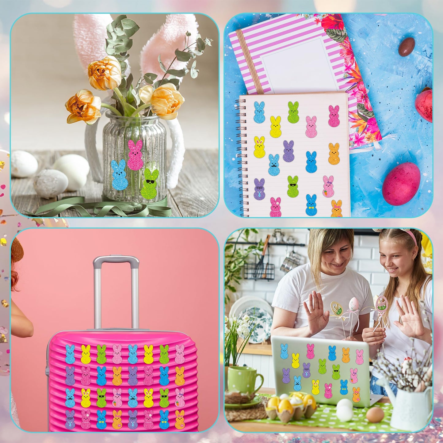 BeYumi Easter Laser Bunny Stickers – 1000 Pcs in 2 Rolls | Holographic Glitter Decals for Crafts