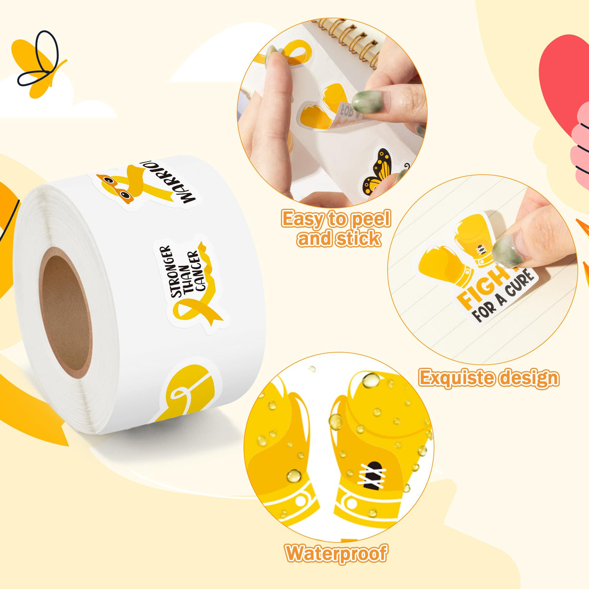 BeYumi Childhood Cancer Awareness Sticker Set – 1000 Pcs (2 Rolls), Waterproof Vinyl
