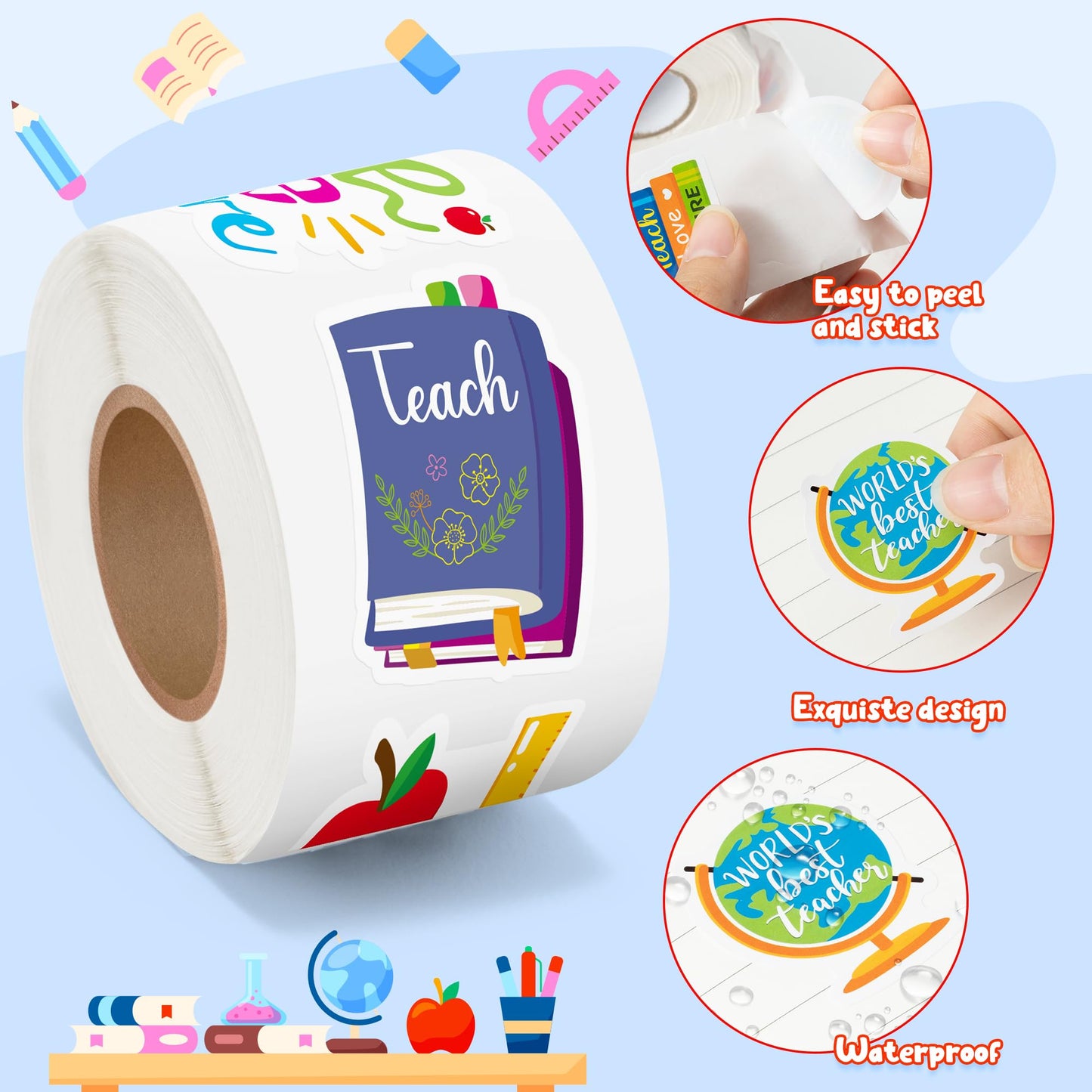 BeYumi Thank You Teacher Sticker Set — 1000 Pcs, Waterproof, 2 Rolls