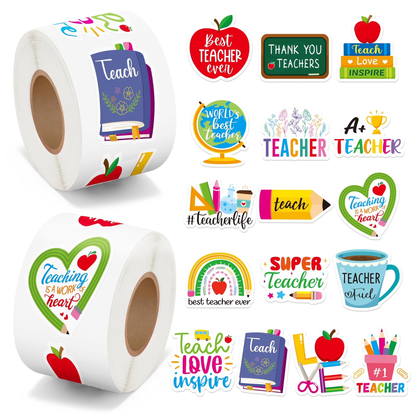 BeYumi Thank You Teacher Sticker Set — 1000 Pcs, Waterproof, 2 Rolls