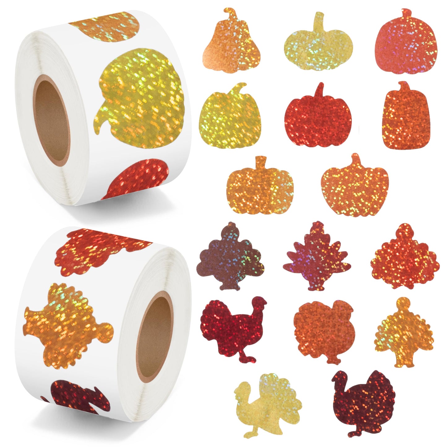 BeYumi Thanksgiving Pumpkin Turkey Stickers – 1000 Pcs, Holographic Glitter, Premium Vinyl
