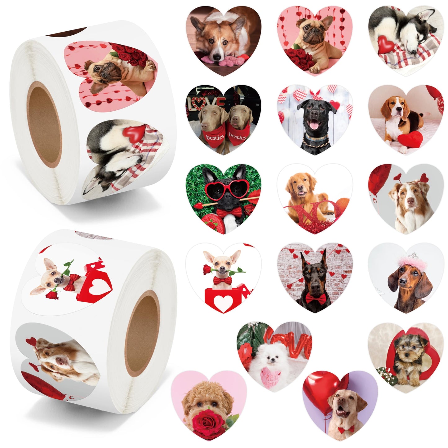 BeYumi Valentine Realistic Dog Stickers – 1000 Pcs, 2 Rolls, Waterproof