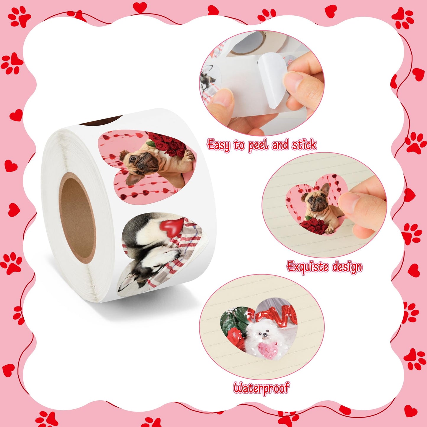 BeYumi Valentine Realistic Dog Stickers – 1000 Pcs, 2 Rolls, Waterproof