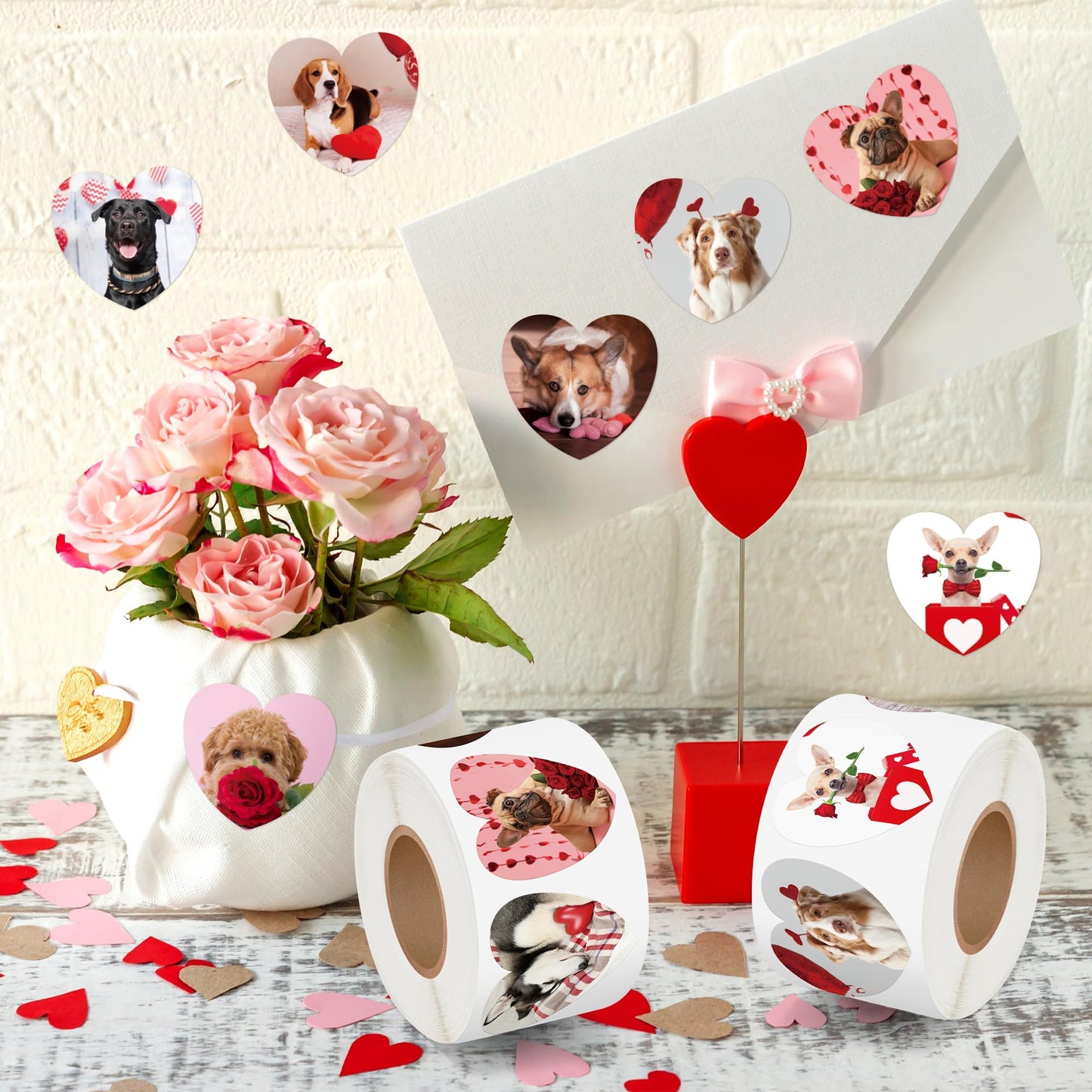 BeYumi Valentine Realistic Dog Stickers – 1000 Pcs, 2 Rolls, Waterproof