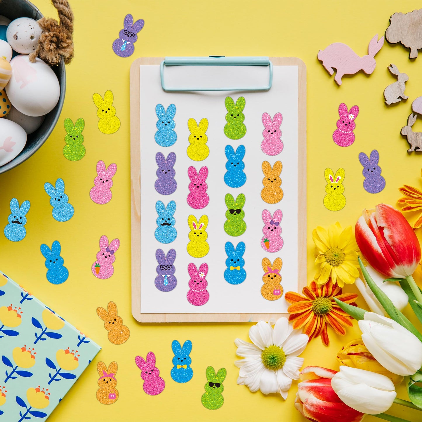 BeYumi Easter Laser Bunny Stickers – 1000 Pcs in 2 Rolls | Holographic Glitter Decals for Crafts