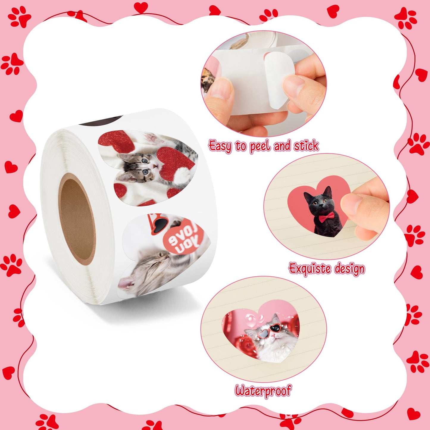 BeYumi Valentine Realistic Cat Stickers – 1000 Pcs in 2 Rolls, Waterproof & 16 Breeds
