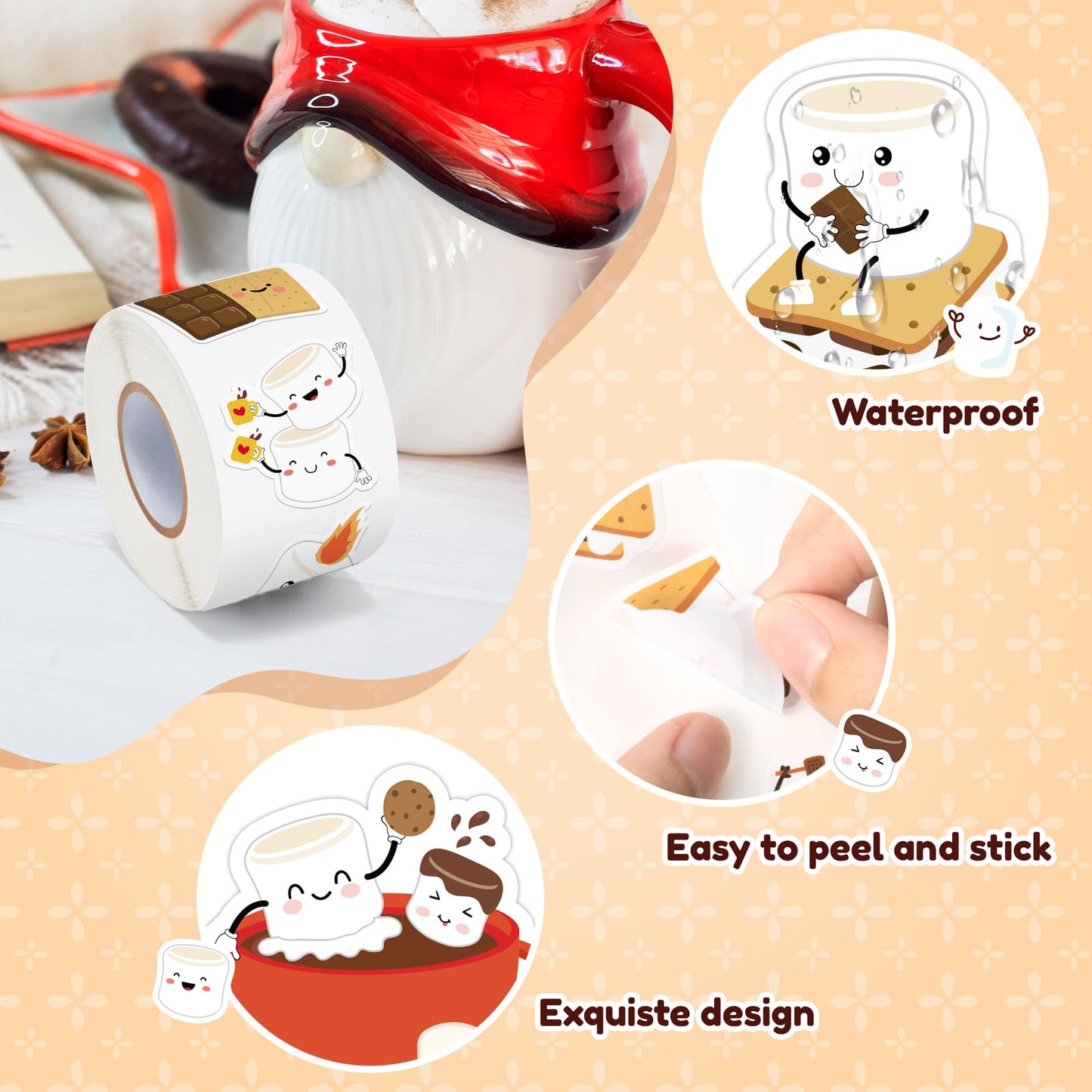 BeYumi Cute Marshmallow Sticker Roll – 1000 Pcs Waterproof Vinyl Decals for Gifts, Parties, Laptops & More