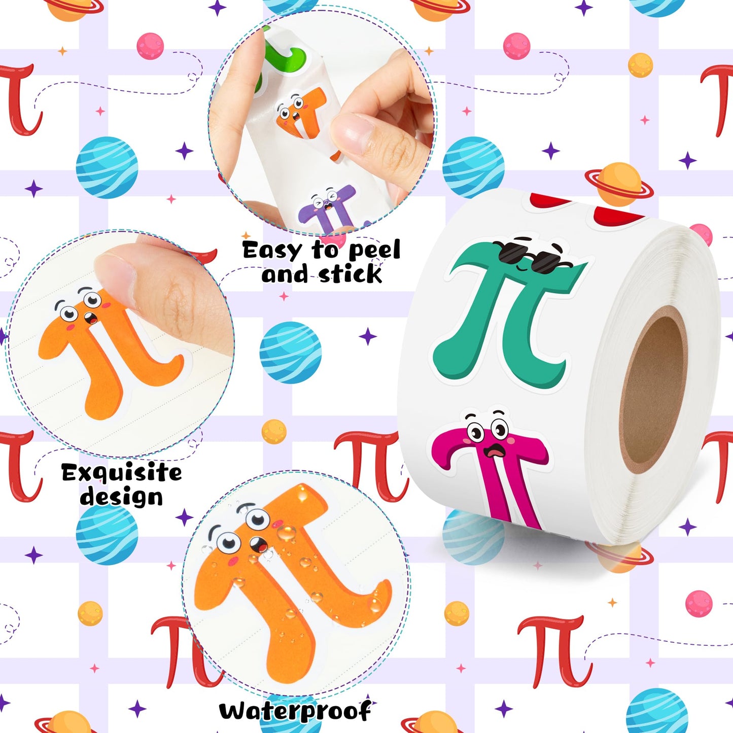 BeYumi Pi Day Sticker Roll – 1000 Pcs Cute Math Themed Vinyl Stickers (Waterproof)