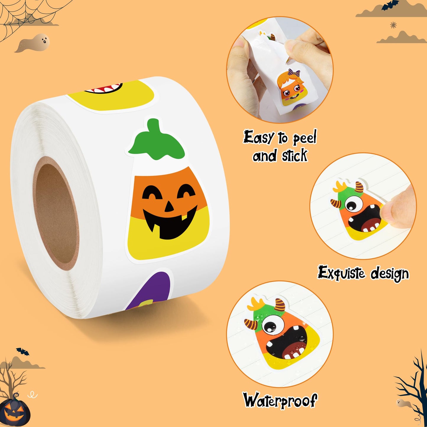BeYumi Halloween Candy Corn Stickers – 1000 Pcs, 2 Rolls, Waterproof Vinyl