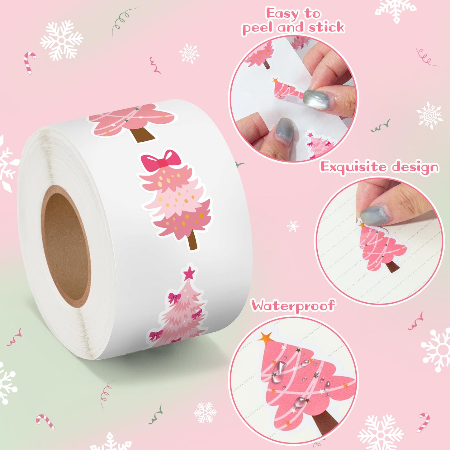 BeYumi Christmas Pine Tree Sticker Set – 1000 Pcs, Pink & Green, Waterproof Vinyl