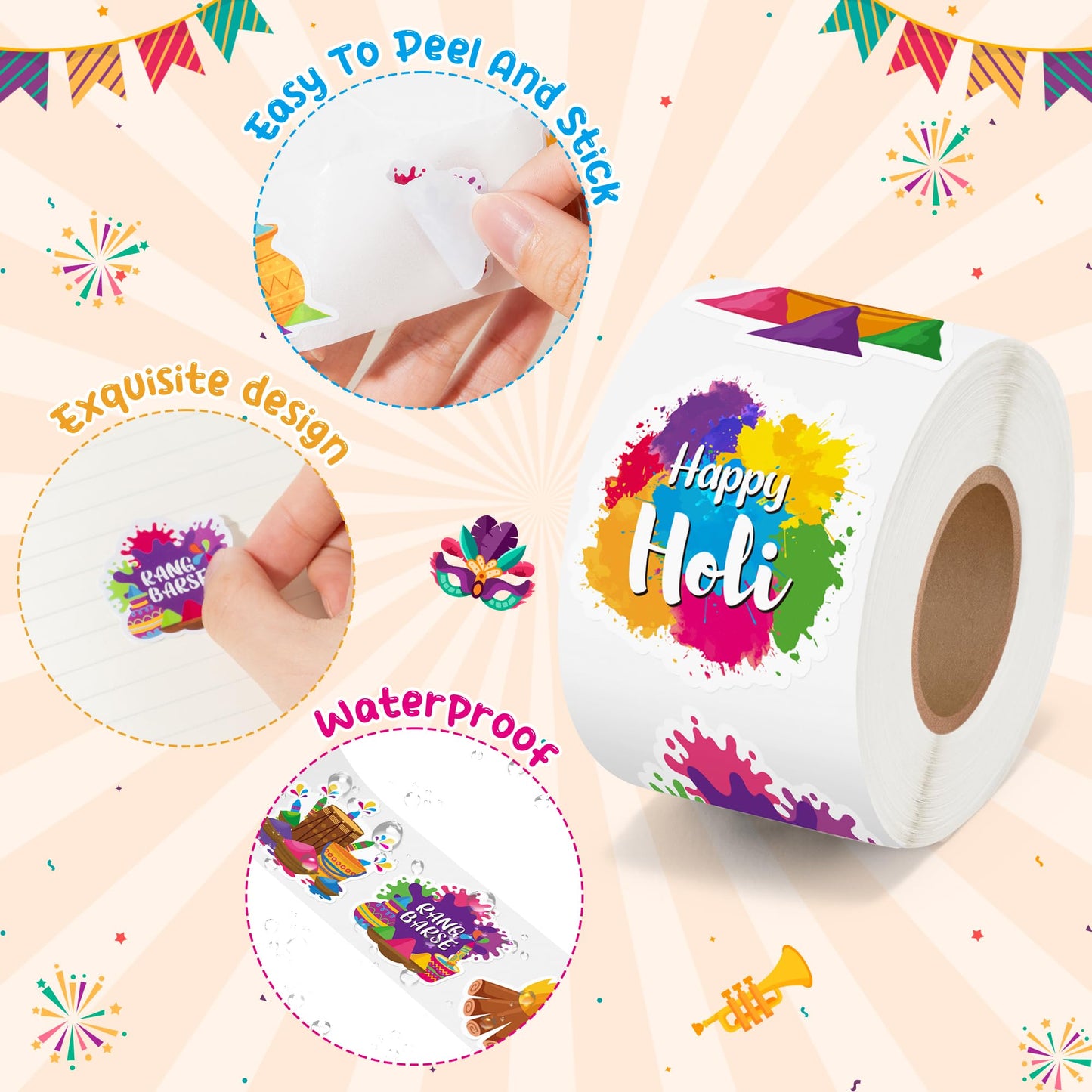 BeYumi Happy Holi Sticker Roll – 1000 Pcs, Waterproof Vinyl, Two Rolls