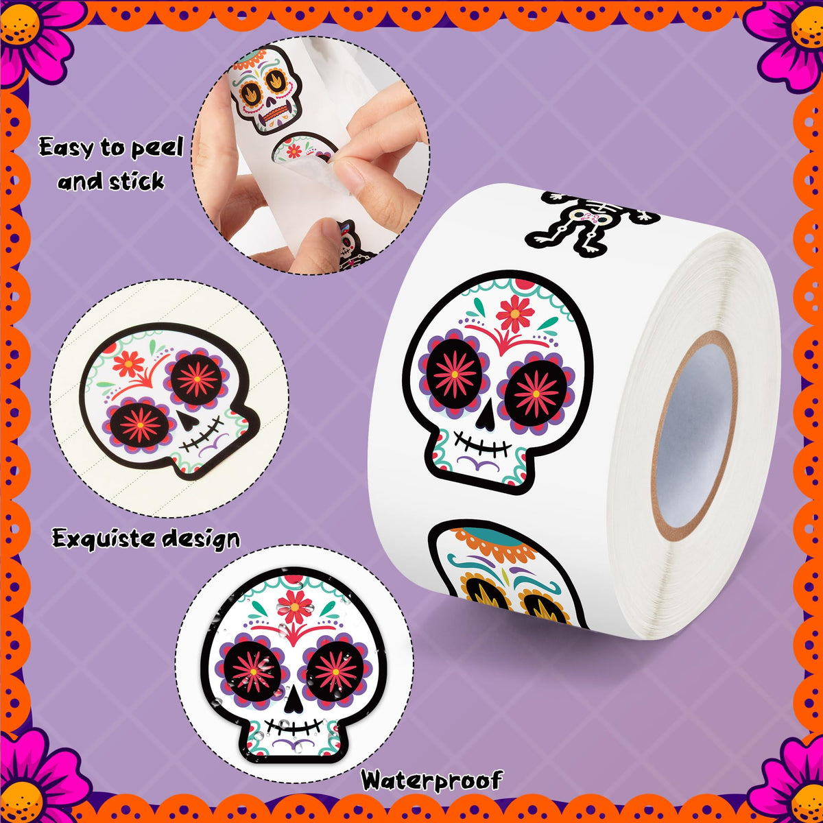 BeYumi Sugar Skull Roll Stickers – 1000 Pcs Day of the Dead Vinyl Decals (2 Rolls)