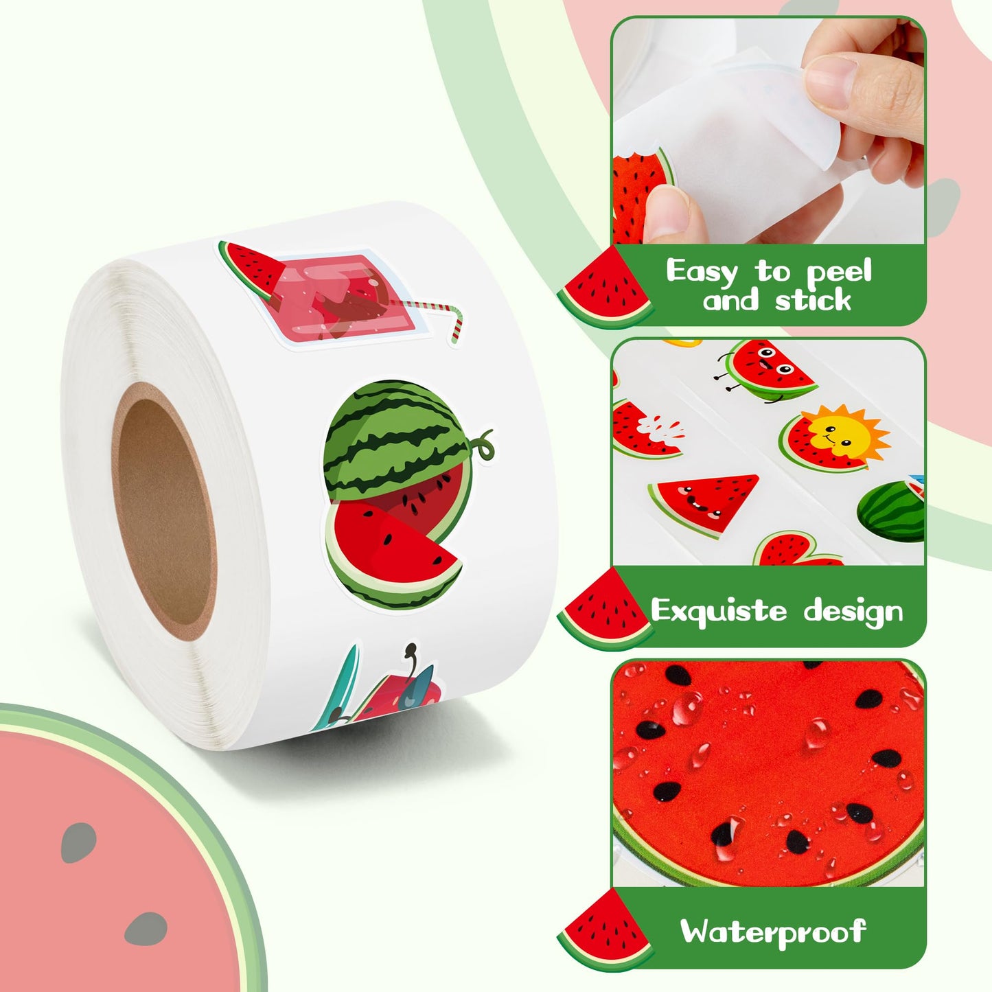 BeYumi Summer Watermelon Roll Stickers – 1000 Pcs, 2 Rolls, Waterproof Vinyl