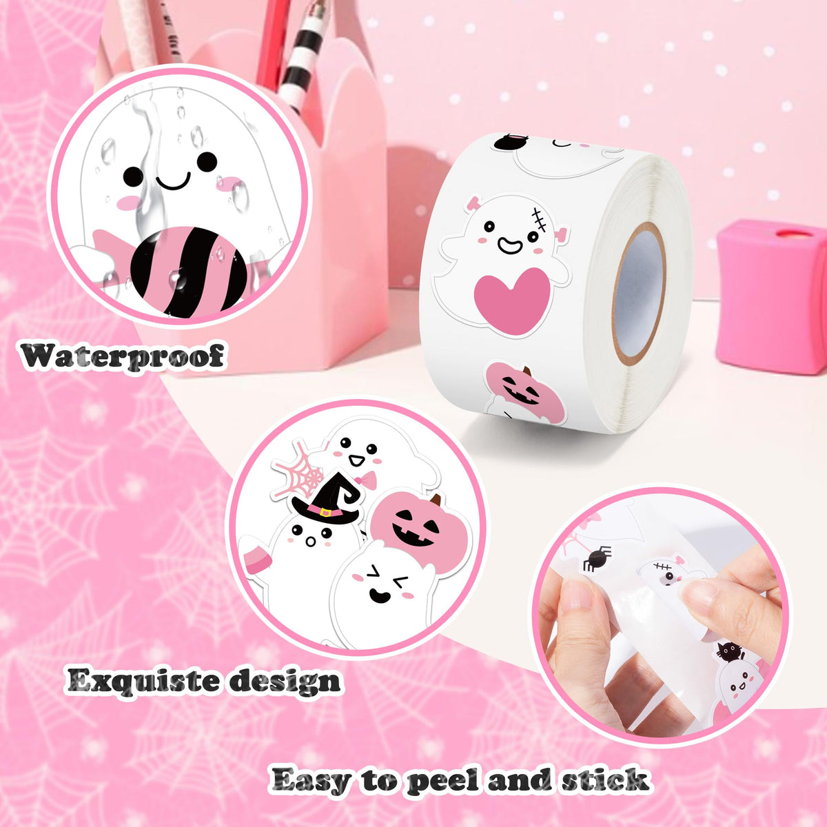 BeYumi Halloween Pink Ghost Stickers – 1000 Pcs, 2 Rolls, Waterproof Vinyl