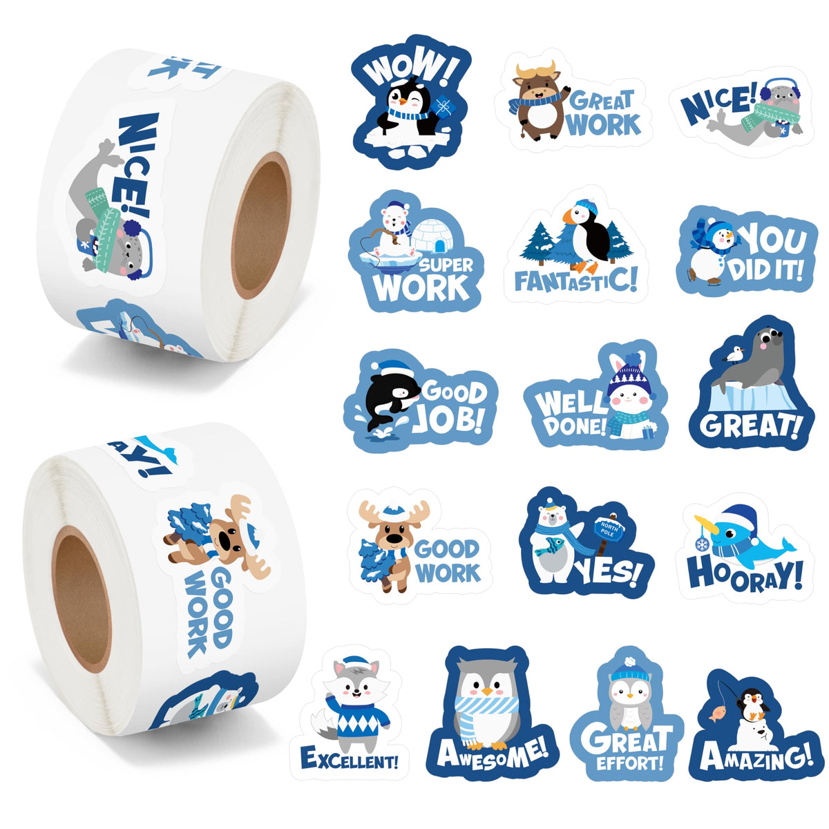 BeYumi Winter Polar Animal Sticker Set – 1000 Pcs in 2 Rolls, Waterproof Vinyl