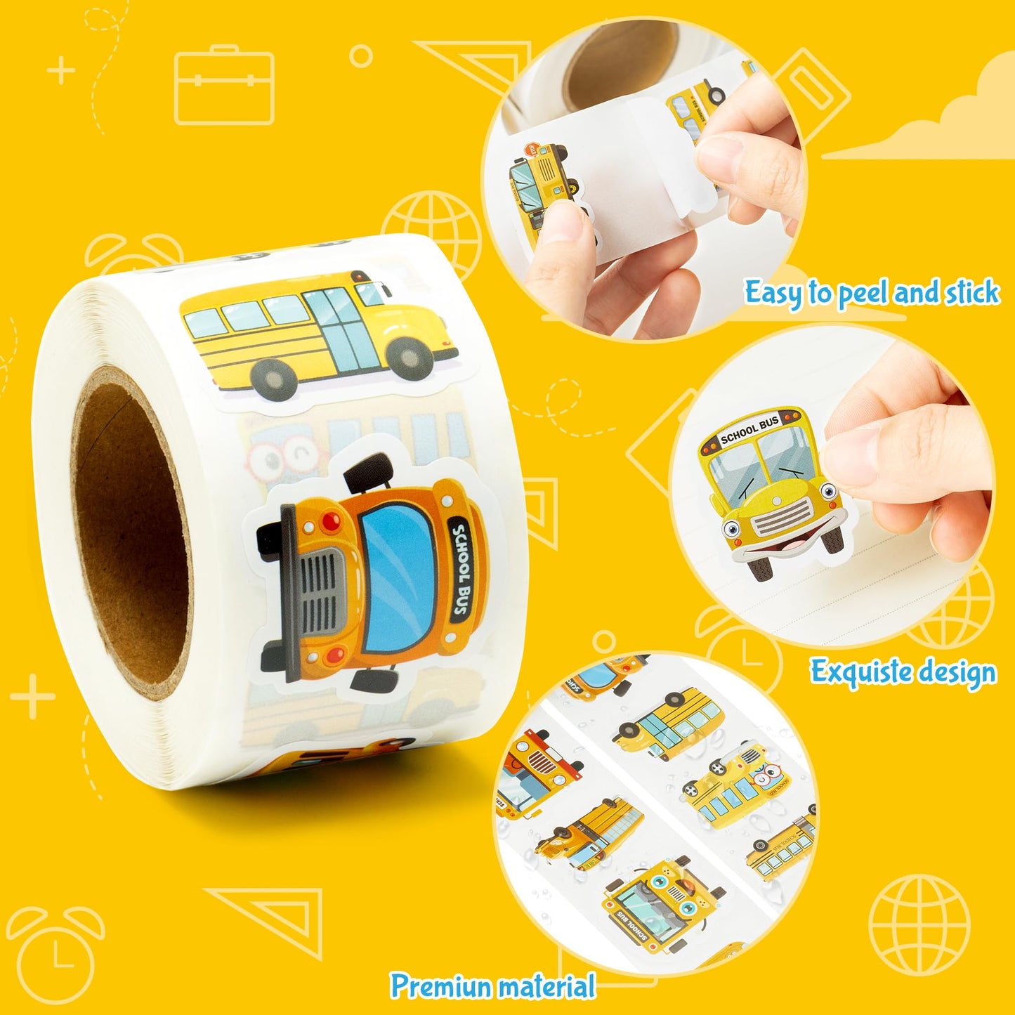 BeYumi School Bus Roll Stickers – 1000 Pcs Waterproof Vinyl Decals (2 Rolls)