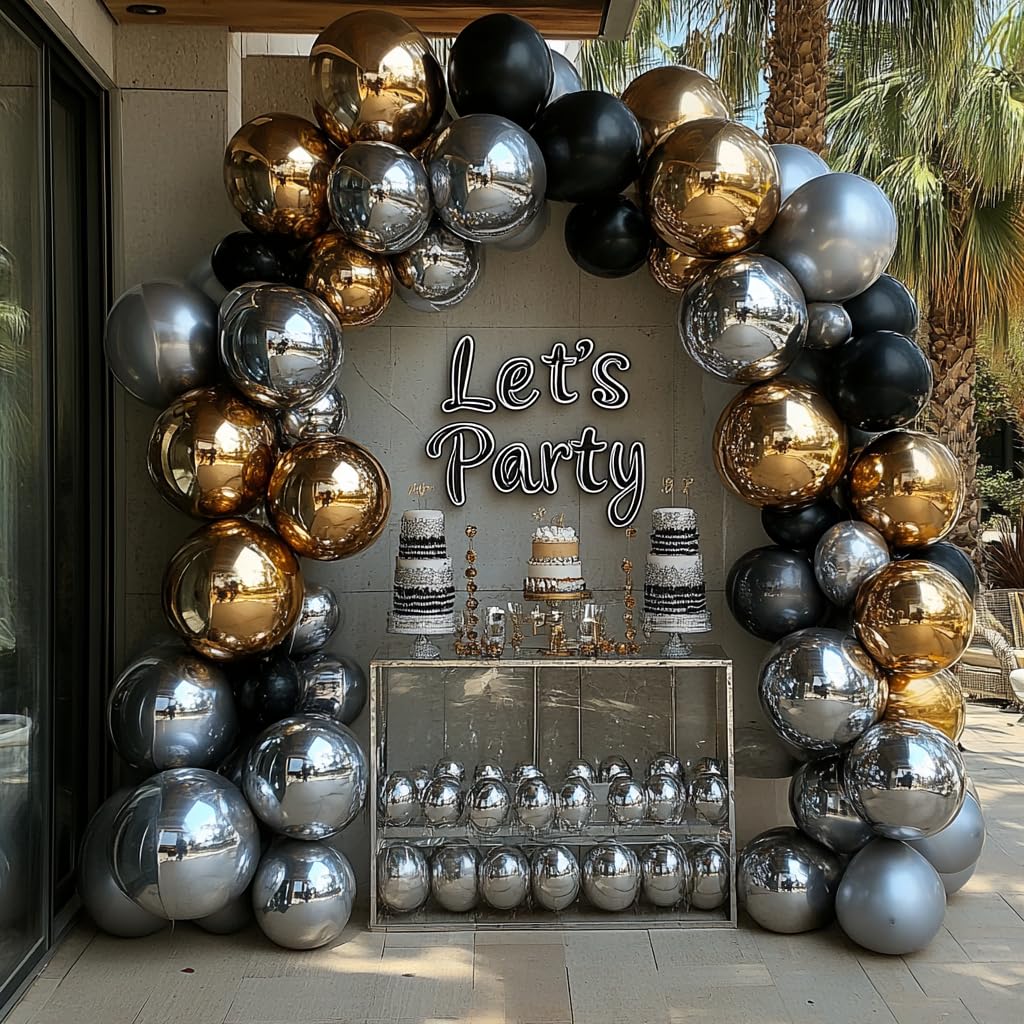Bezente Black Silver Confetti Latex Balloons – 60pc, 12inch Set for New Year, Weddings & Parties