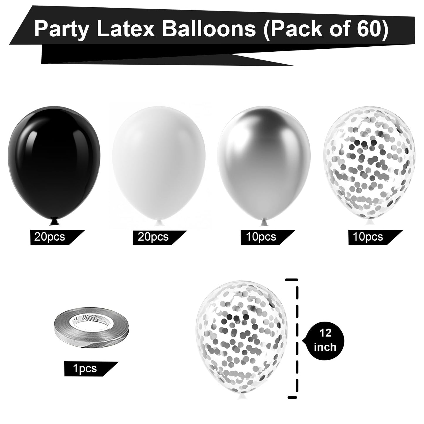 Bezente Black Silver Confetti Latex Balloons – 60pc, 12inch Set for New Year, Weddings & Parties