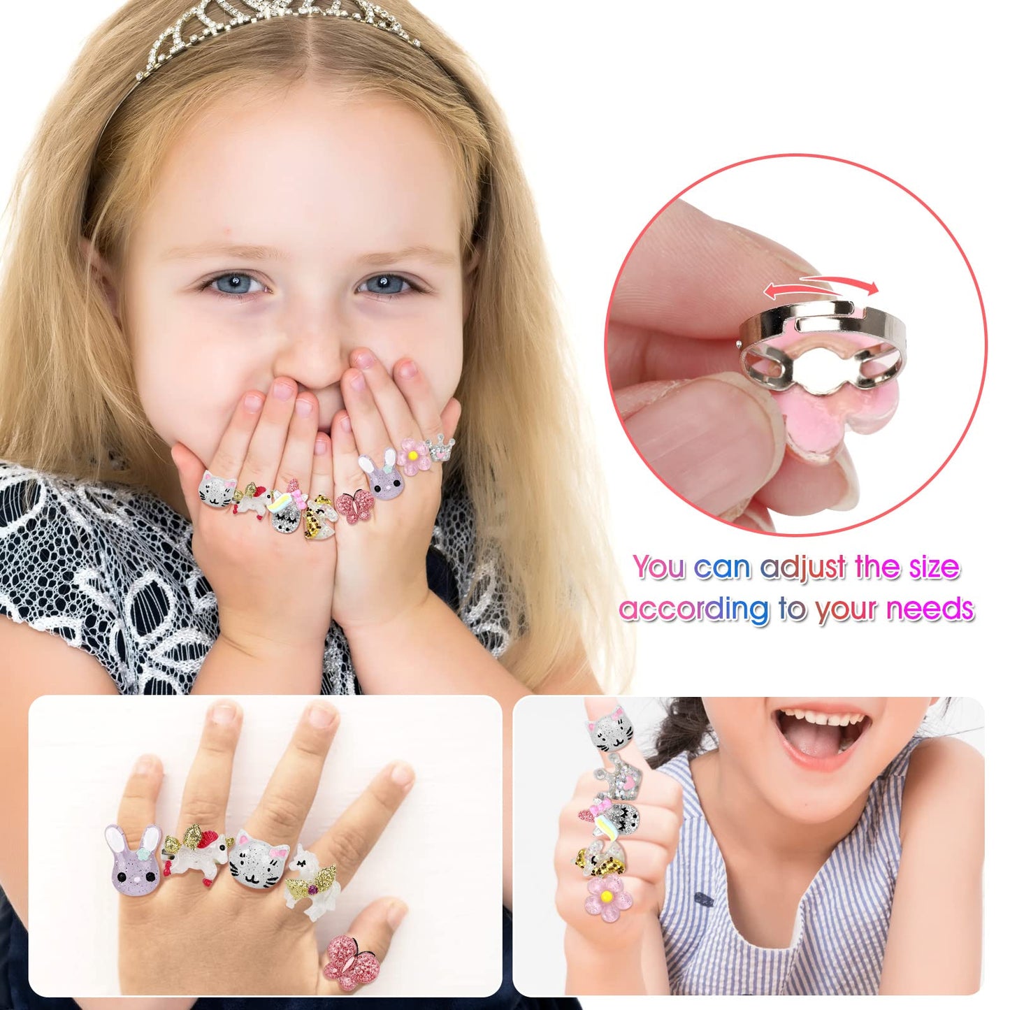 BGSHEMNI Little Girl Jewel Rings in Box | Adjustable 9-Piece Play Jewelry Set for 3-10 Year Olds
