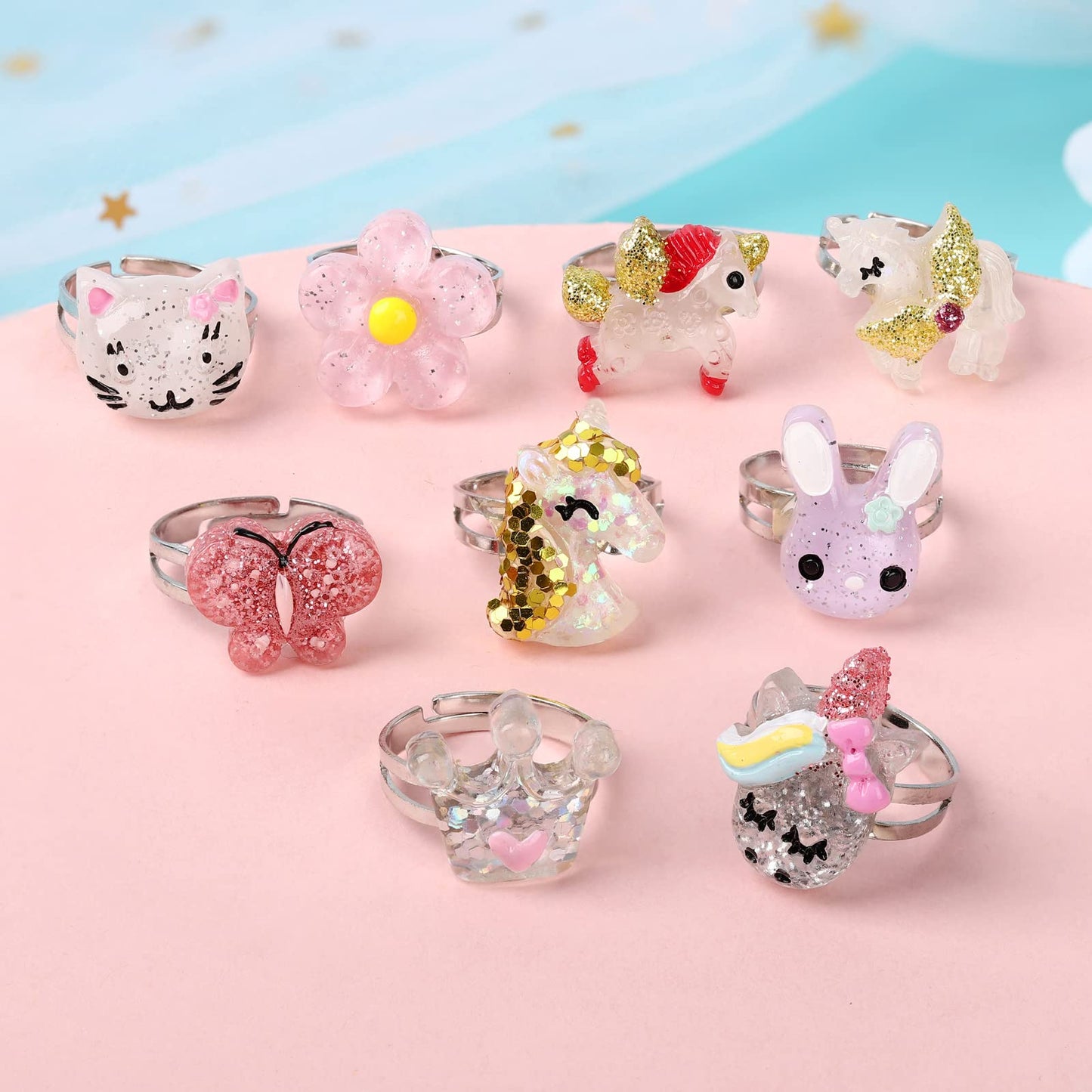 BGSHEMNI Little Girl Jewel Rings in Box | Adjustable 9-Piece Play Jewelry Set for 3-10 Year Olds
