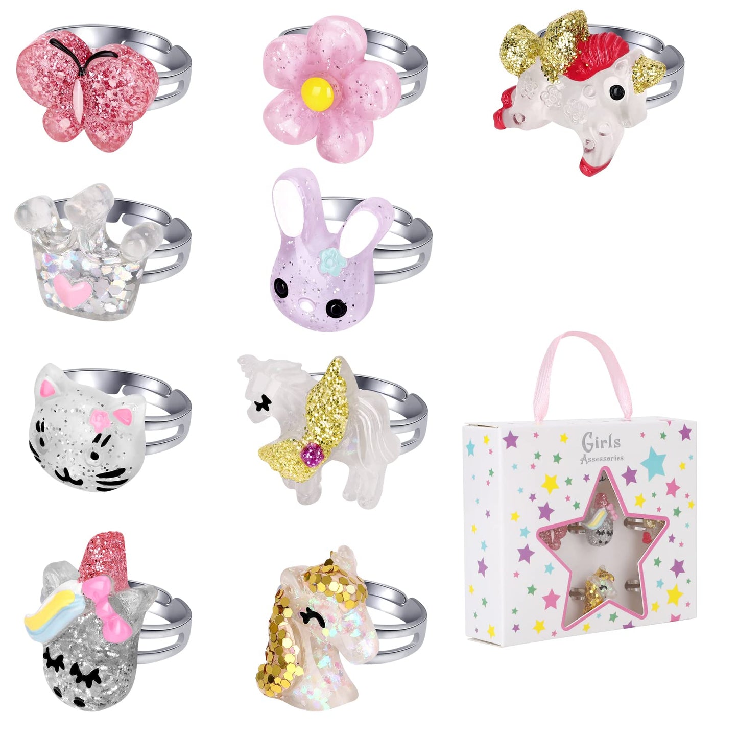 BGSHEMNI Little Girl Jewel Rings in Box | Adjustable 9-Piece Play Jewelry Set for 3-10 Year Olds