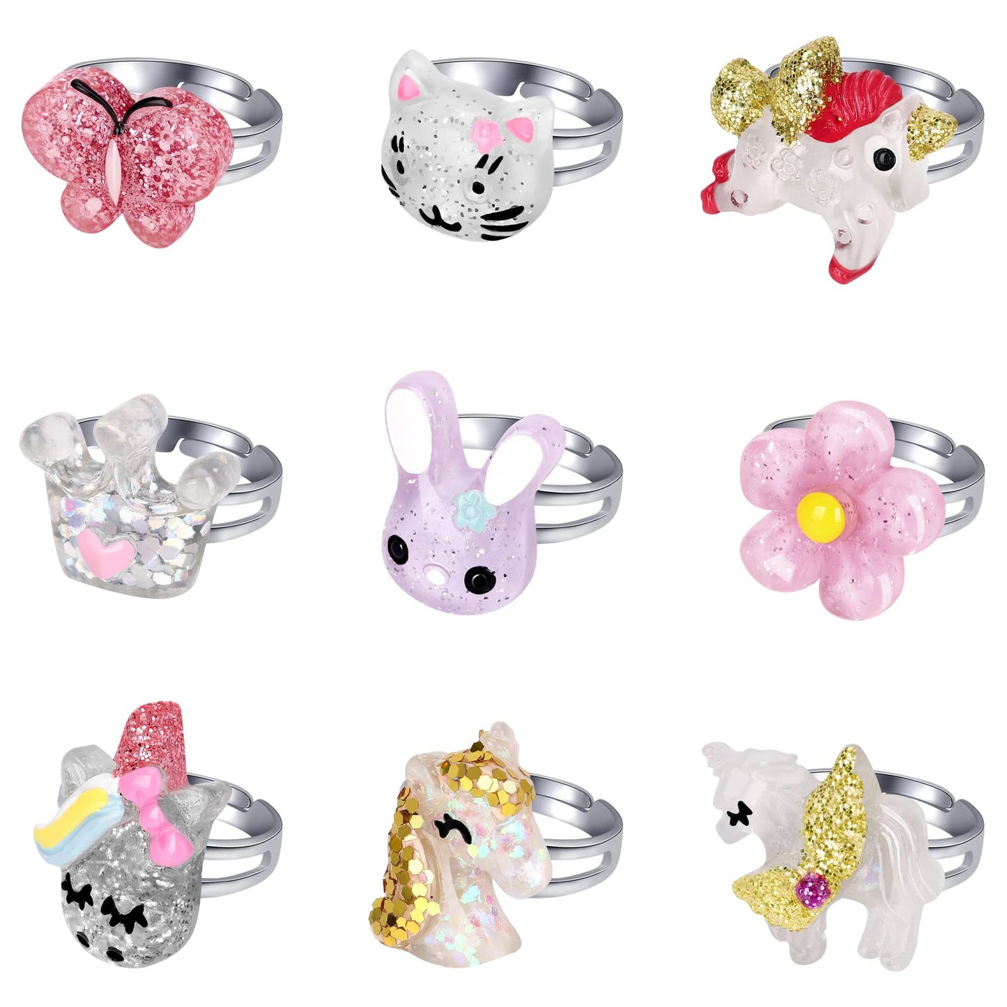 BGSHEMNI Little Girl Jewel Rings in Box | Adjustable 9-Piece Play Jewelry Set for 3-10 Year Olds