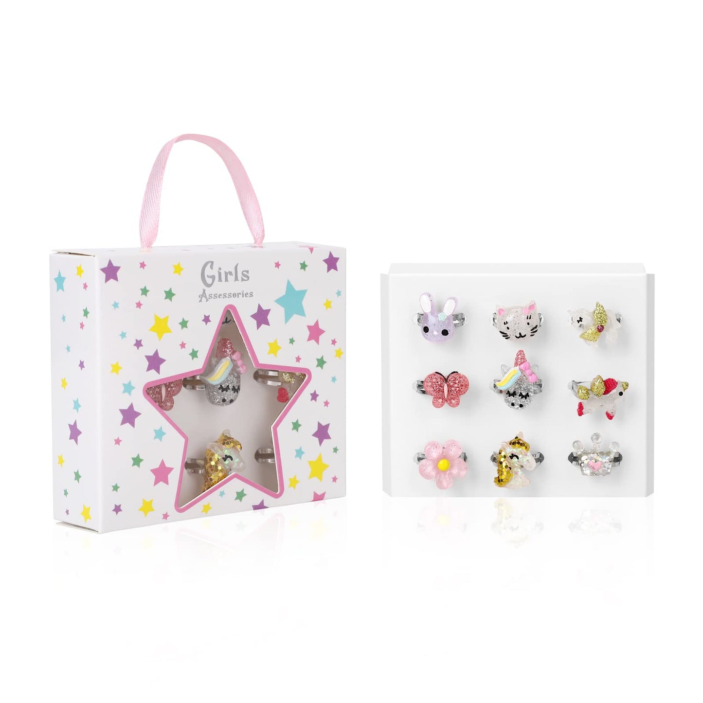 BGSHEMNI Little Girl Jewel Rings in Box | Adjustable 9-Piece Play Jewelry Set for 3-10 Year Olds