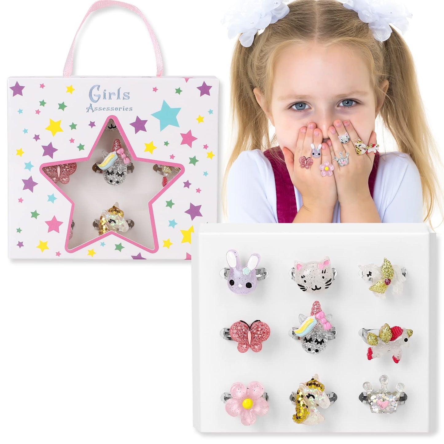 BGSHEMNI Little Girl Jewel Rings in Box | Adjustable 9-Piece Play Jewelry Set for 3-10 Year Olds