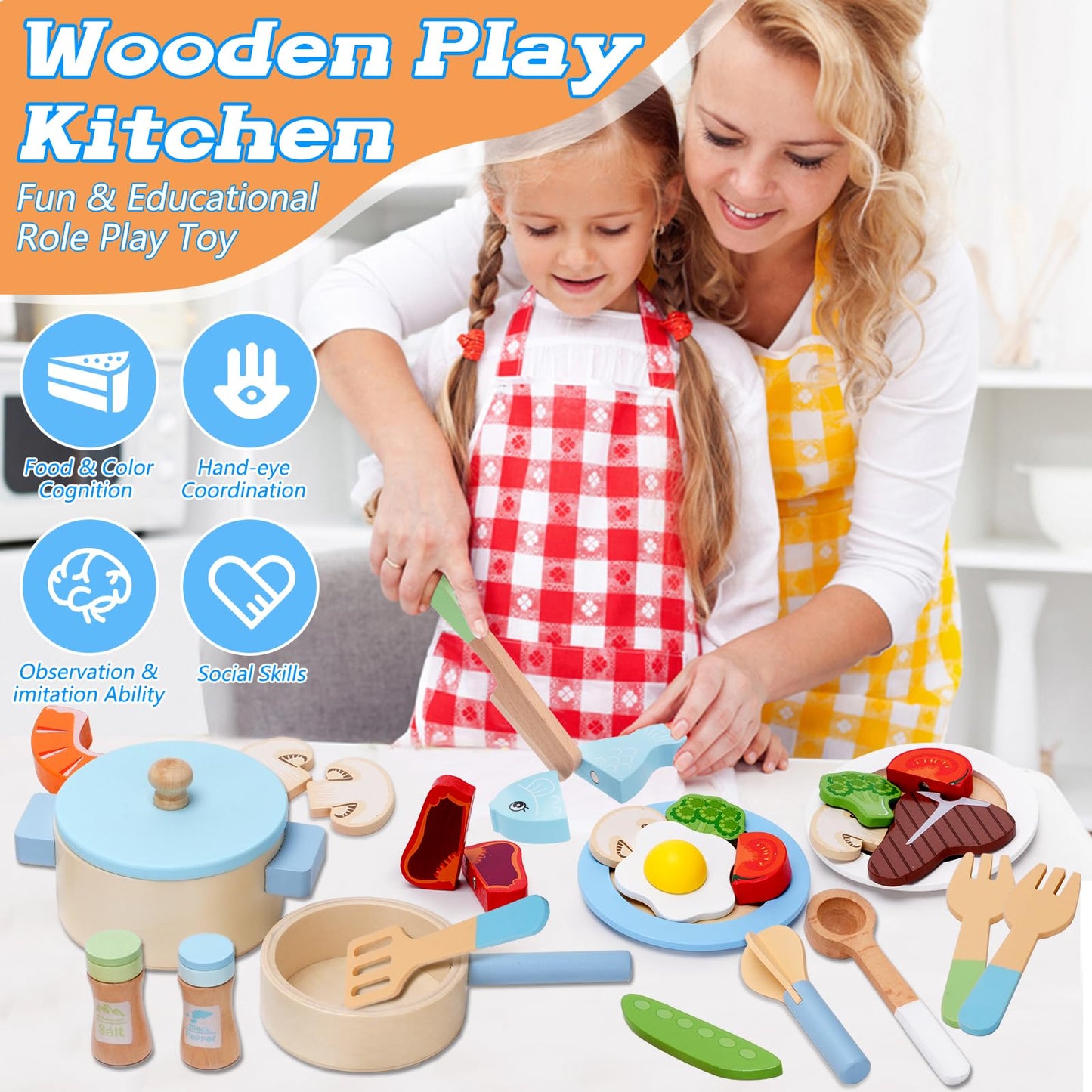 BGdoyz 27-Piece Wooden Play Kitchen Set – Pretend Cooking Toys for Kids