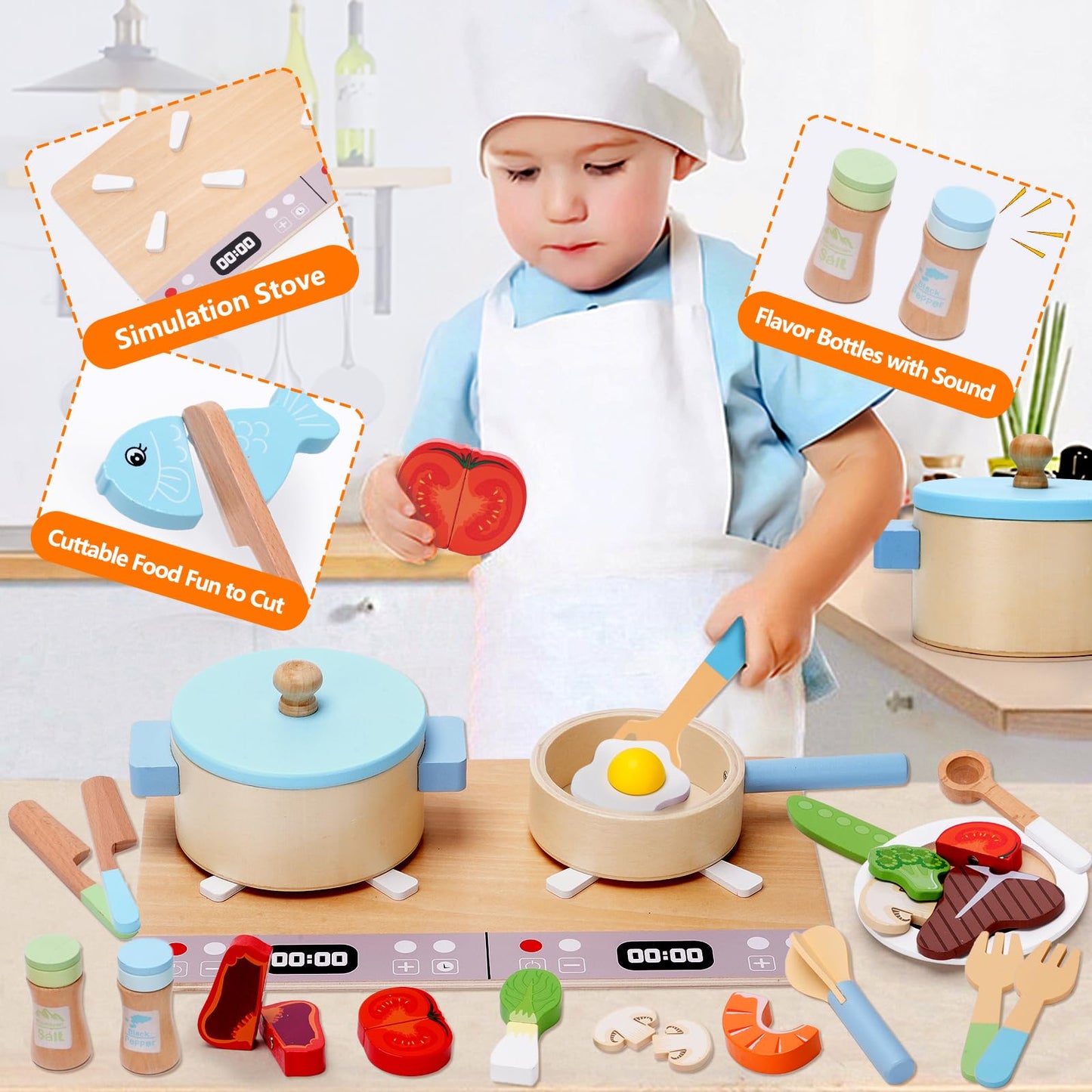BGdoyz 27-Piece Wooden Play Kitchen Set – Pretend Cooking Toys for Kids