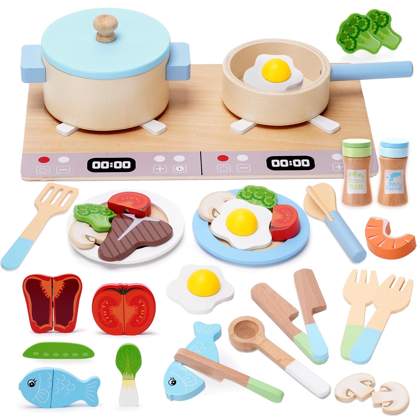 BGdoyz 27-Piece Wooden Play Kitchen Set – Pretend Cooking Toys for Kids