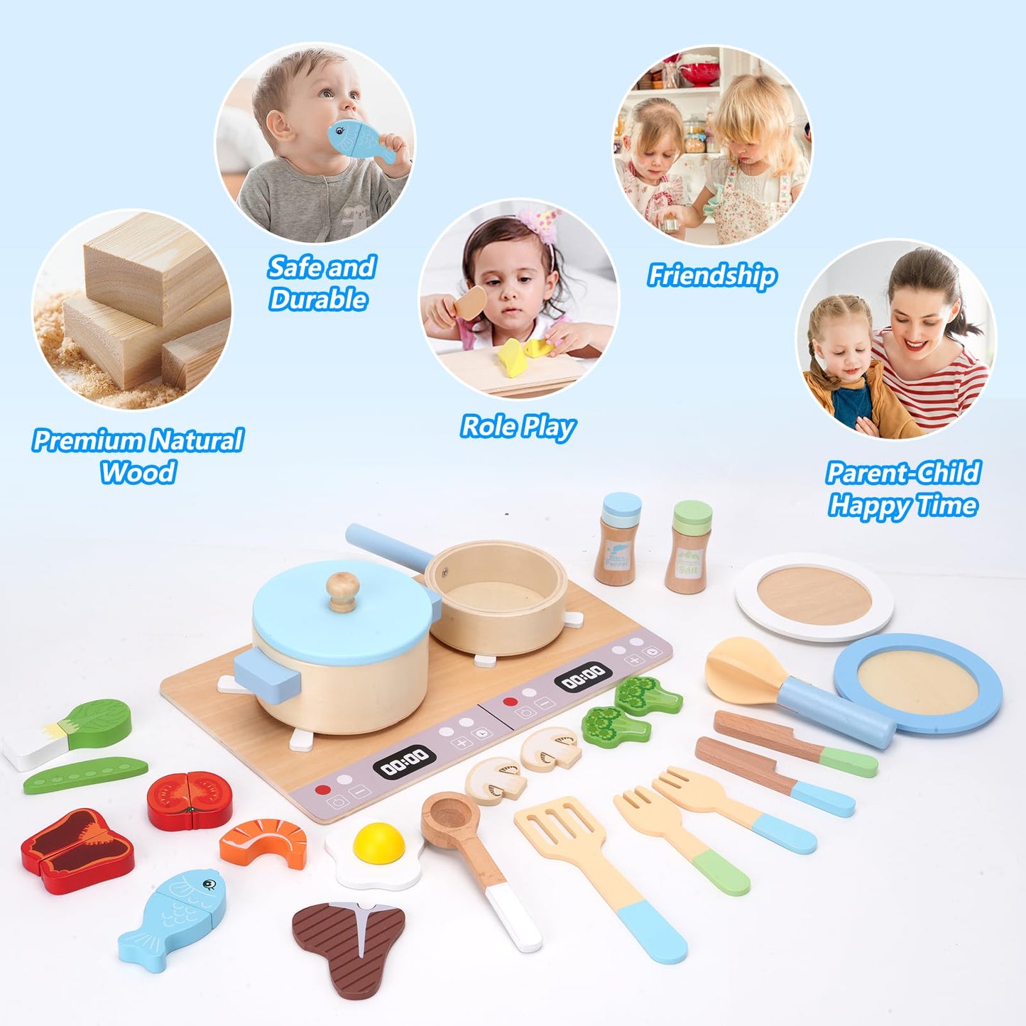 BGdoyz 27-Piece Wooden Play Kitchen Set – Pretend Cooking Toys for Kids